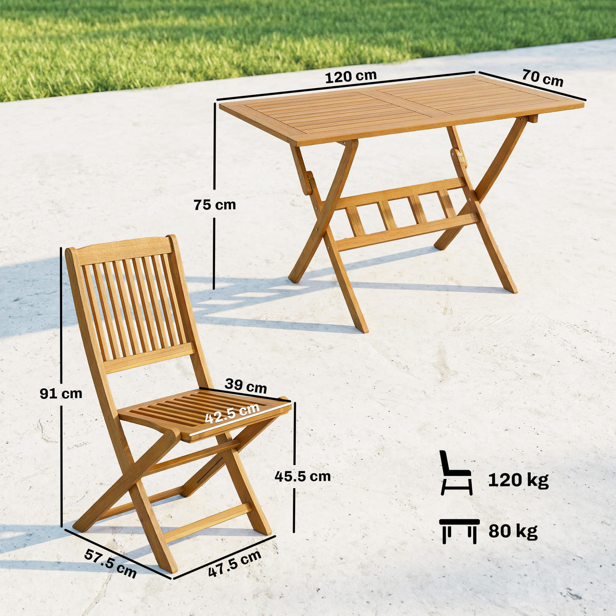 GARTEN-ESSSET 5-teilig,Tisch+4 Klappstühle - Beige, Holz - Vallsero