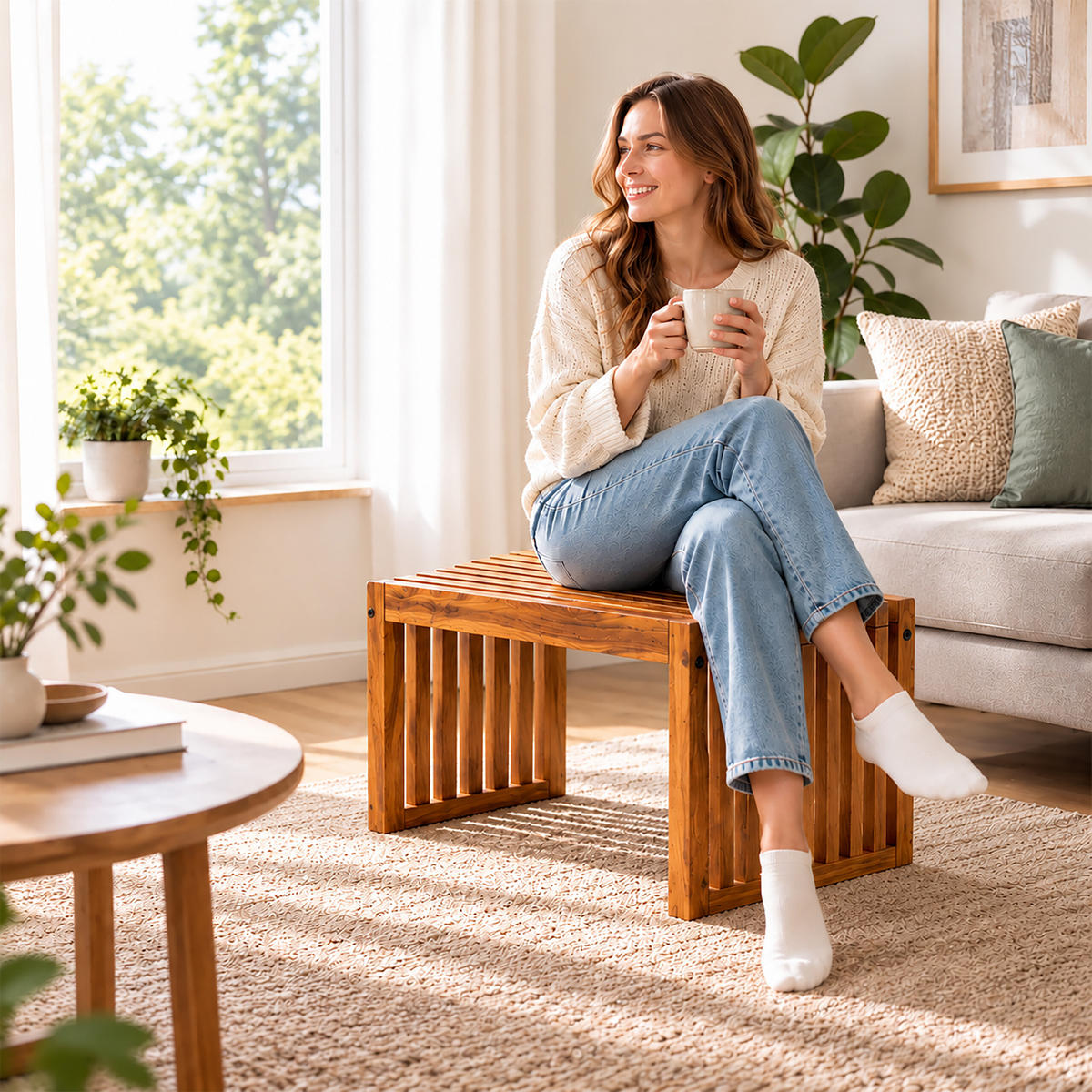 SITZBANK Natur Akazienholz geölt XL 90 cm - Braun, Holz (90/43/33cm) - Relaxdays
