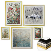 WANDBILDER 5er Set - 50x50 cm & 20x30 cm & 40x60 cm Goldrahmen - Pastellfarbene Berglandschaft mit rosa Flamingos - Goldfarben, Kunststoff (40/60cm) - ArtPrintCave
