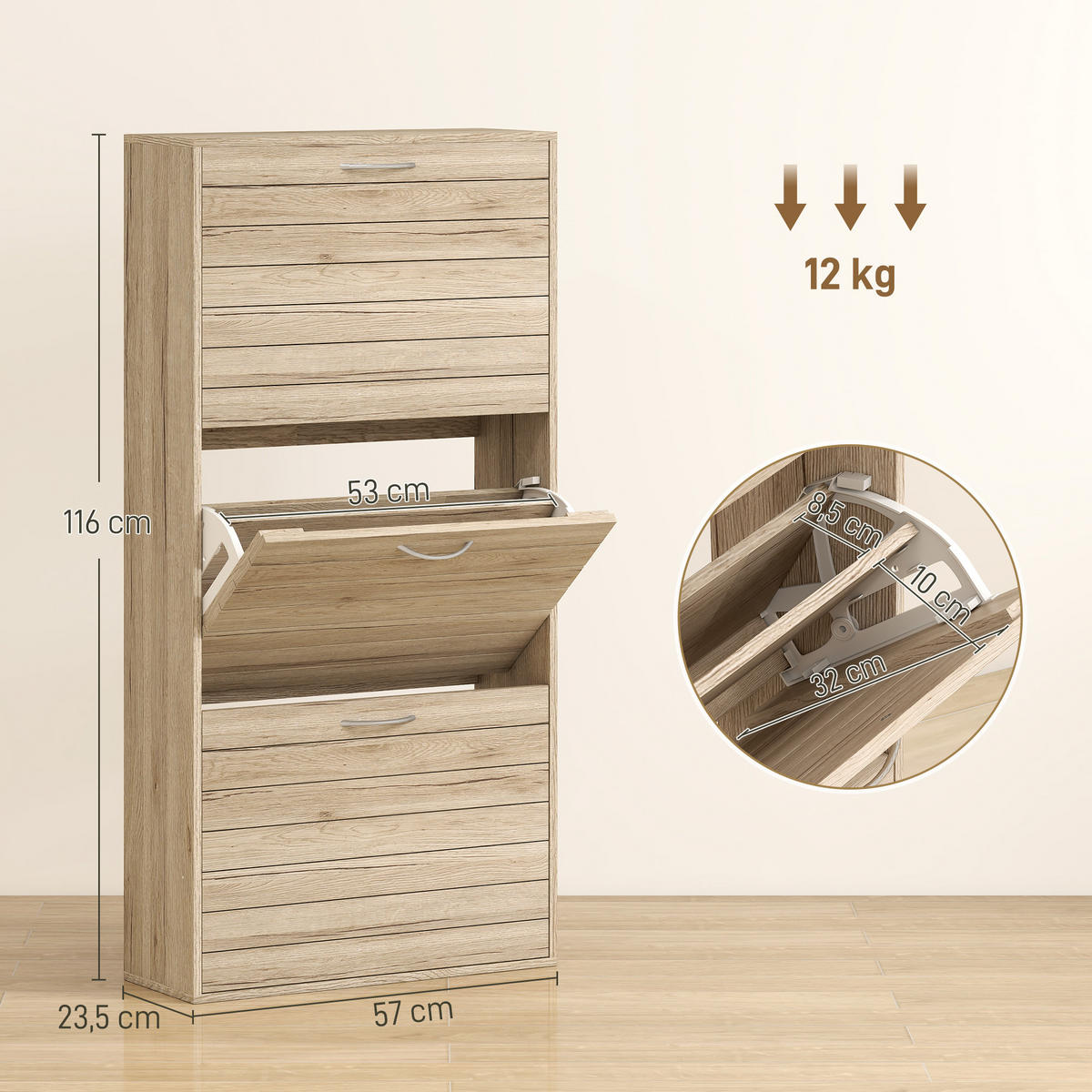 SCHUHSCHRANK,SCHMAL 3 Flügeltüren verstellbare Böden für 12 Paar,eiche - Beige, Holzwerkstoff (57/116/23.5cm) - Vallsero
