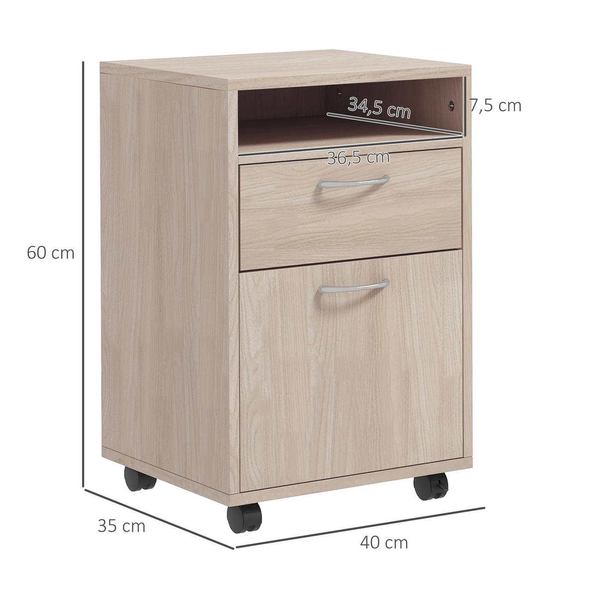 ROLLCONTAINER DE-14426 mit Schublade, Nische und Schrank Eiche - Beige, Holzwerkstoff (35/60/40cm) - ComfortXL