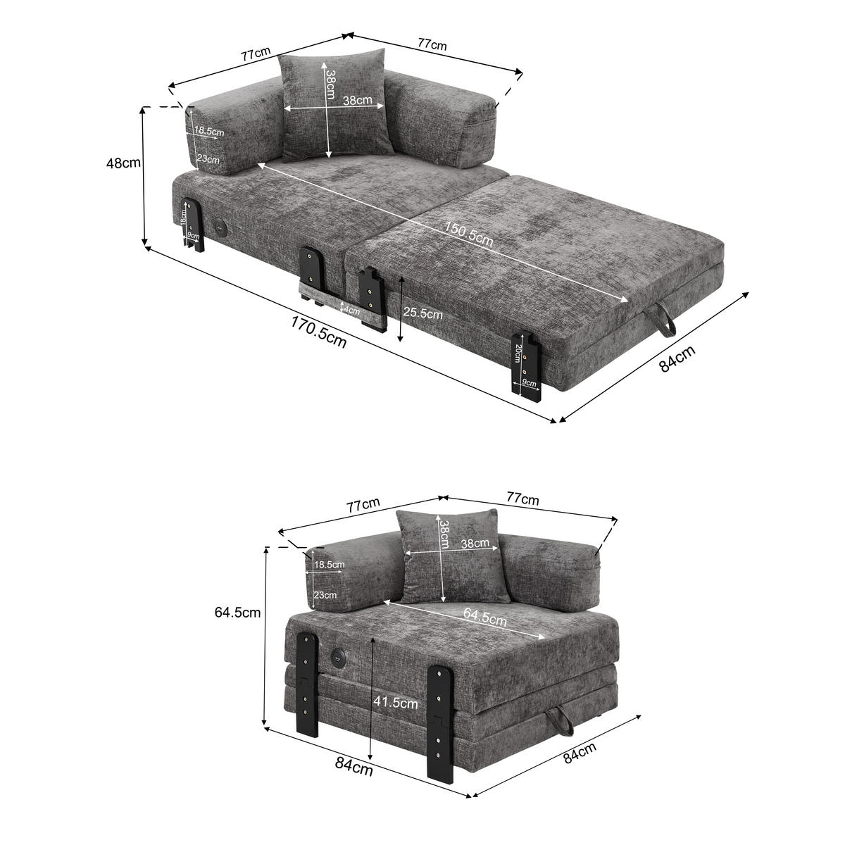 SCHLAFSOFA DE-35099 mit USB und Stauraum Dunkelgrau - Dunkelgrau, Textil (170.5/48/84cm) - ComfortXL