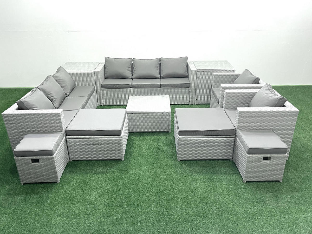 GARTENMÖBELSET mit 3-SITZER SOFA,COUCHTISCH Polyrattan Hellgrau-Mix 12-Sitzer - Hellgrau/Grau, Glas/Kunststoff - Fimous
