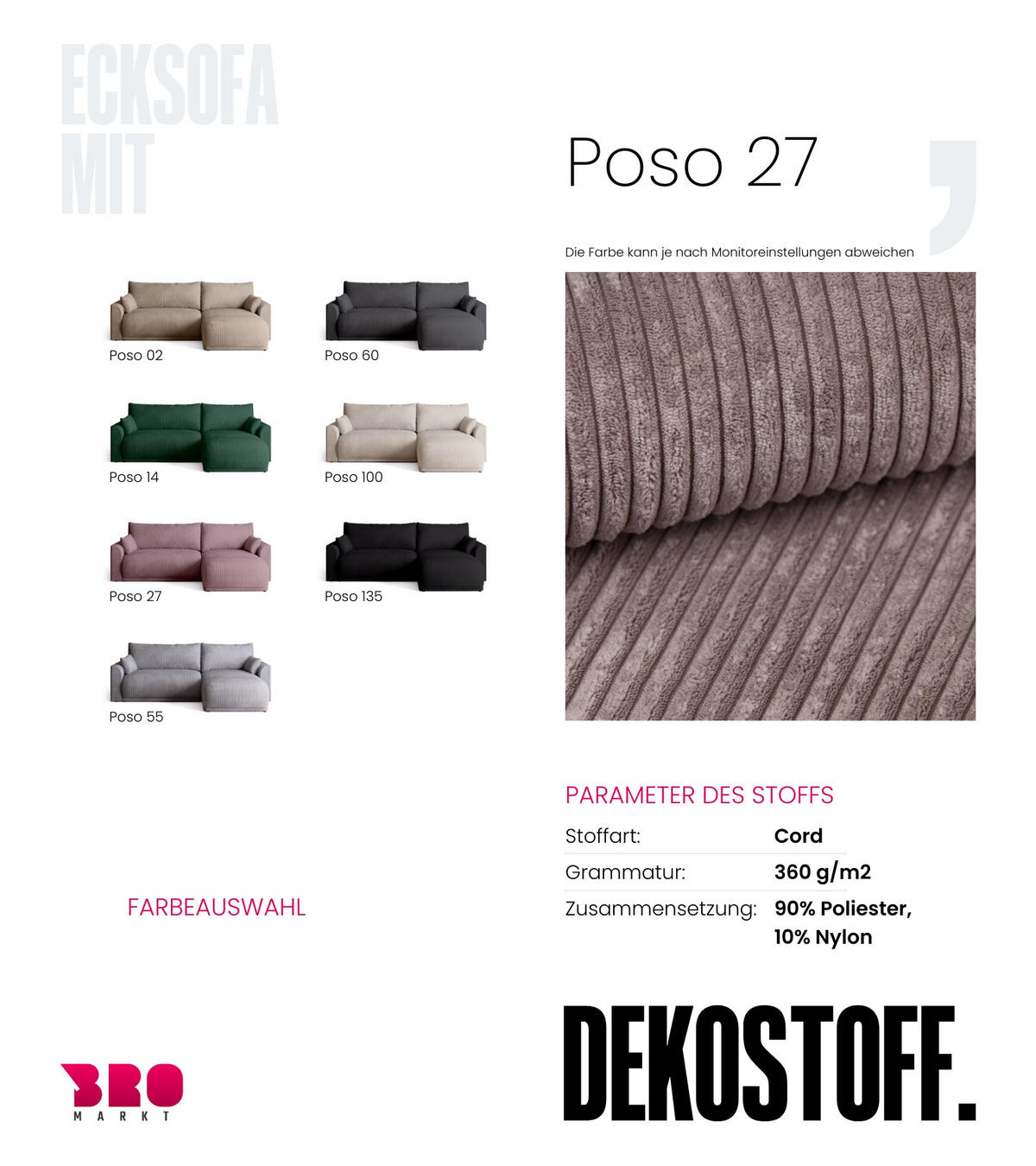 ECKSOFA MORENO mit Schlaffunktion Puderrosa Cord - Pink, Textil (262/160cm) - Bromarkt