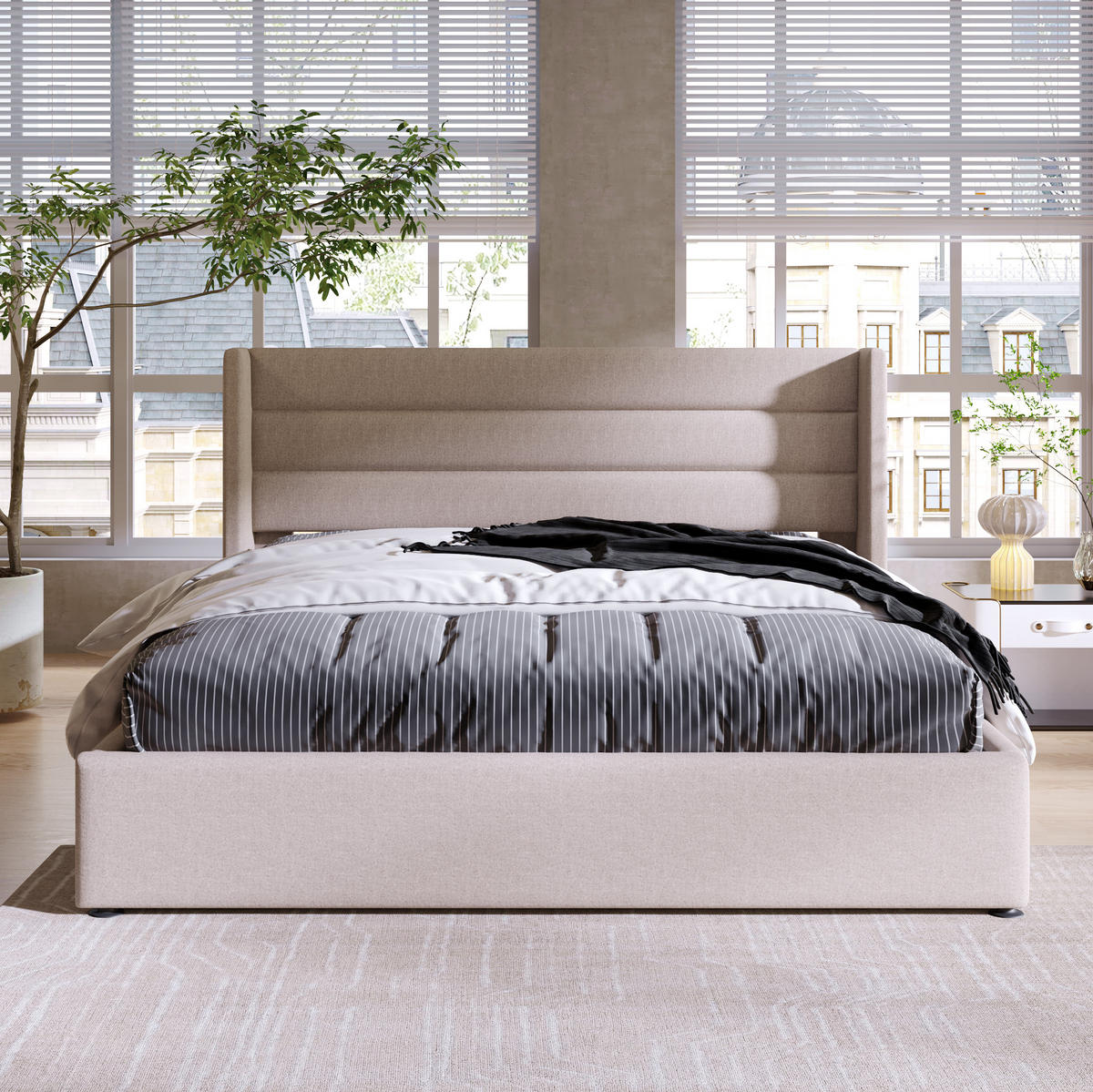 POLSTERBETT 180/200 cm Beige aus Leinen mit Stauraum und Hydraulik-Lattenrost - Beige, Textil (180/200cm) - OKWISH