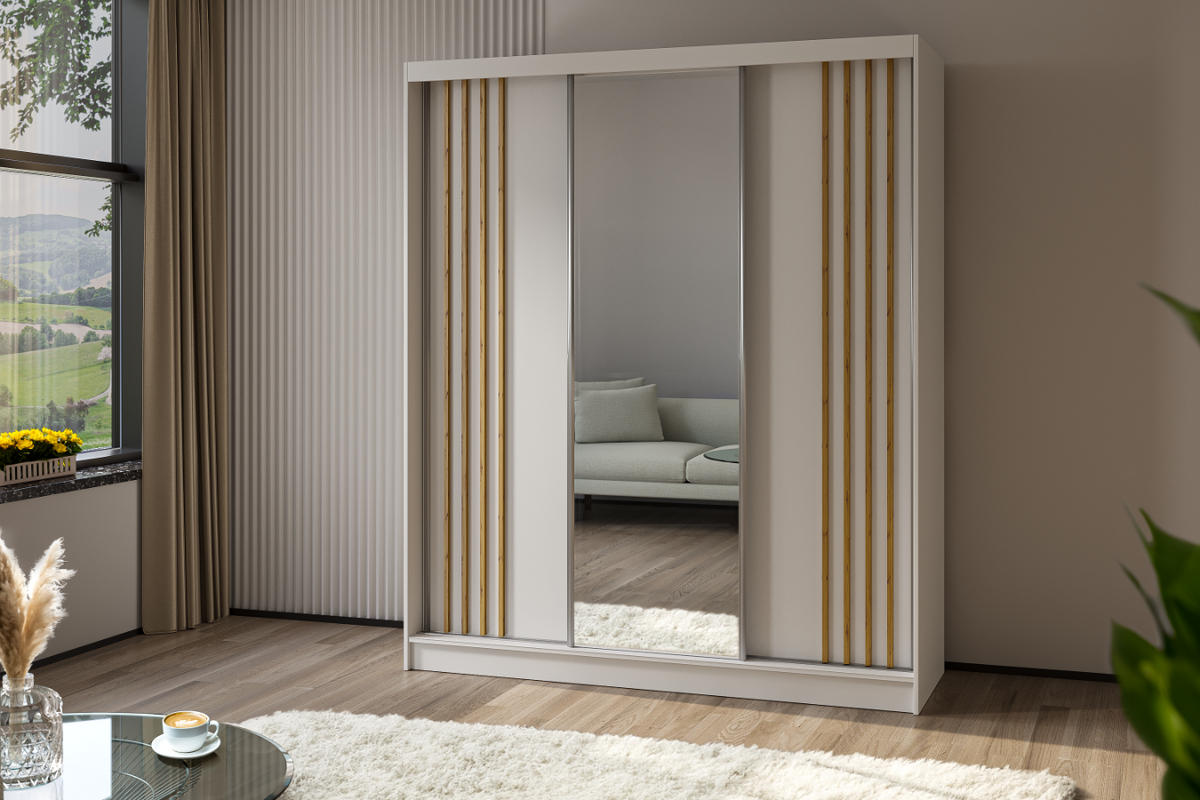 SCHWEBETÜRENSCHRANK Neli 180 cm mit Lamellen und Spiegel 3-türig, weiß, weiß, Lamelle Artisan - Weiß/Braun, Kunststoff (180/216/61cm) - Margaret Hadas24
