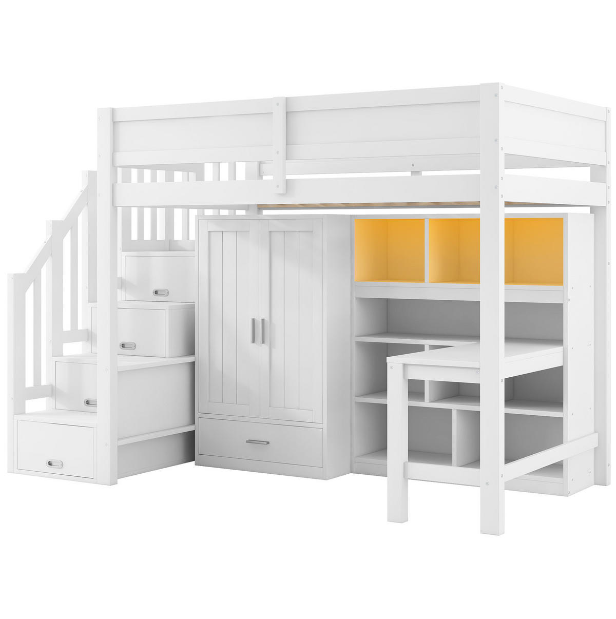 HOCHBETT 90/200 cm, weiß mit Schreibtisch, Regal, Kleiderschrank und LED - Weiß, Holz (90/200cm) - MIVRAY