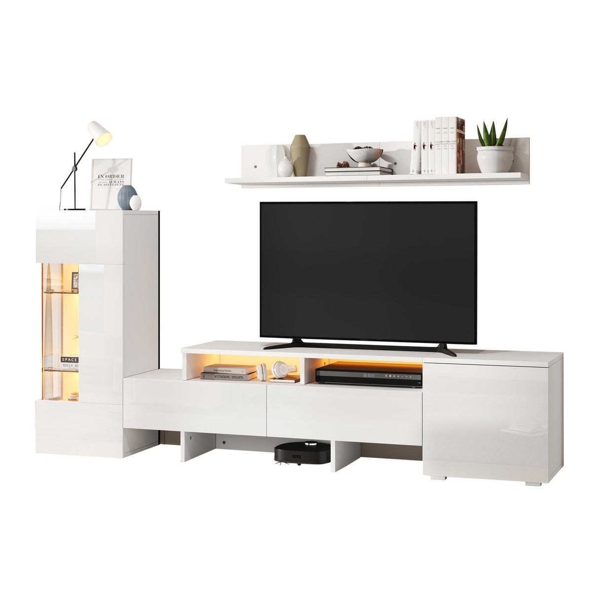 OBÝVACIA stena 170/35/45 cm biela s LED osvetlením a vysokým leskom z drevotriesky, akrylu a skla - biela, kompozitné drevo (170/45/35cm) - OKWISH