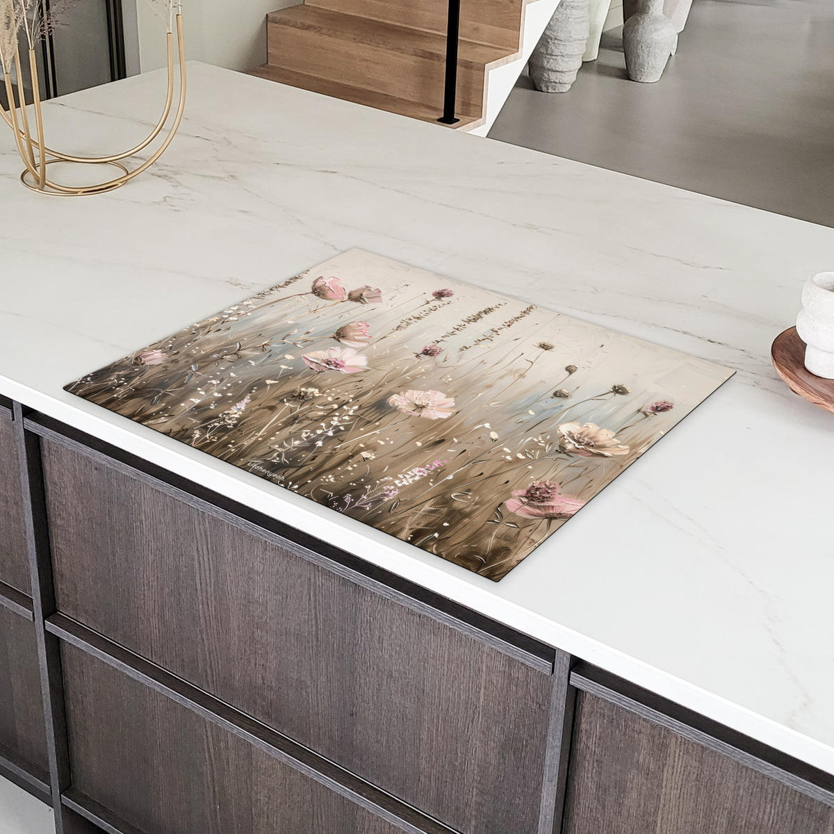 HERDABDECKPLATTE Blumen - Beige - Trockenblumen 77x59 cm - Beige, Kunststoff (77/59/0.2cm) - MuchoWow