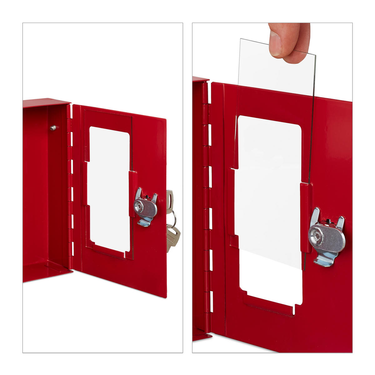 NÚDZOVÝ kľúčový box - červená, kov/sklo (12/15/4cm) - Relaxdays