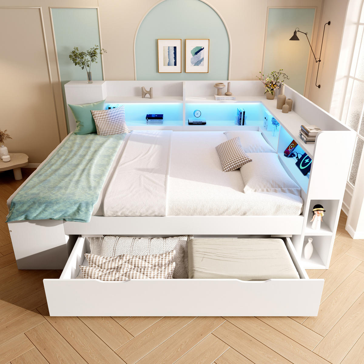 TAGESBETT 140/200 cm mit LED-Beleuchtung, USB- und Typ-C-Anschluss sowie Stauraum und Matratze, Weiß - Weiß, Holzwerkstoff (140/200cm) - Redom