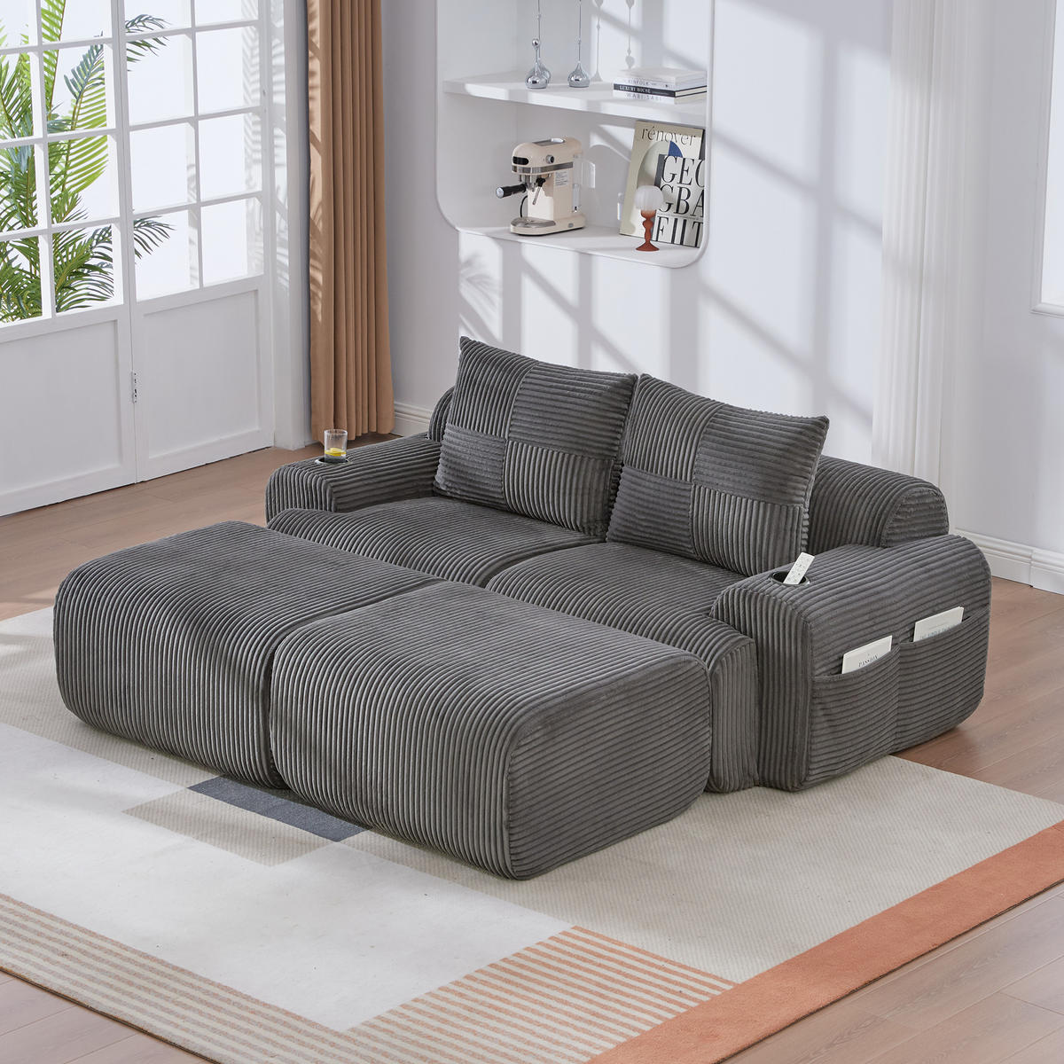 MODULARES 2-Sitzer Sofa Cordstoff mit Getränkehalter und Seitentasche 200/174/80 cm Dunkelgrau - Dunkelgrau, Textil (174/80/200cm) - Redom