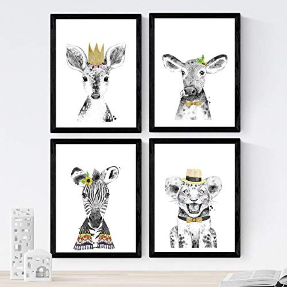 POSTER Set mit 4 Tieren in Gold und Gelb A3 Schwarzer Rahmen - Schwarz, Papier (29.7/3cm) - Nacnic