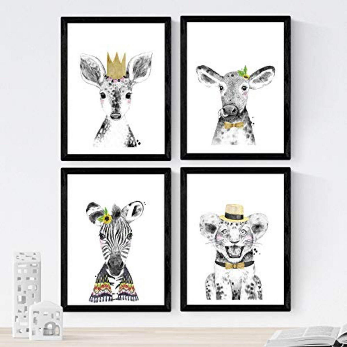 POSTER Set mit 4 Tieren in Gold und Gelb A3 Schwarzer Rahmen - Schwarz, Papier (29.7/3cm) - Nacnic