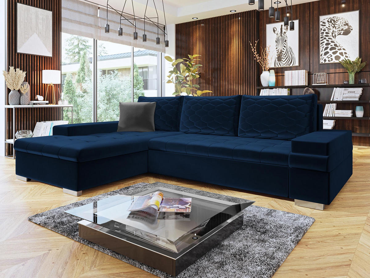ECKSOFA Bangkok Mini Premium - Silberfarben/Dunkelblau, Holz/Textil (274/182cm) - MIRJAN24