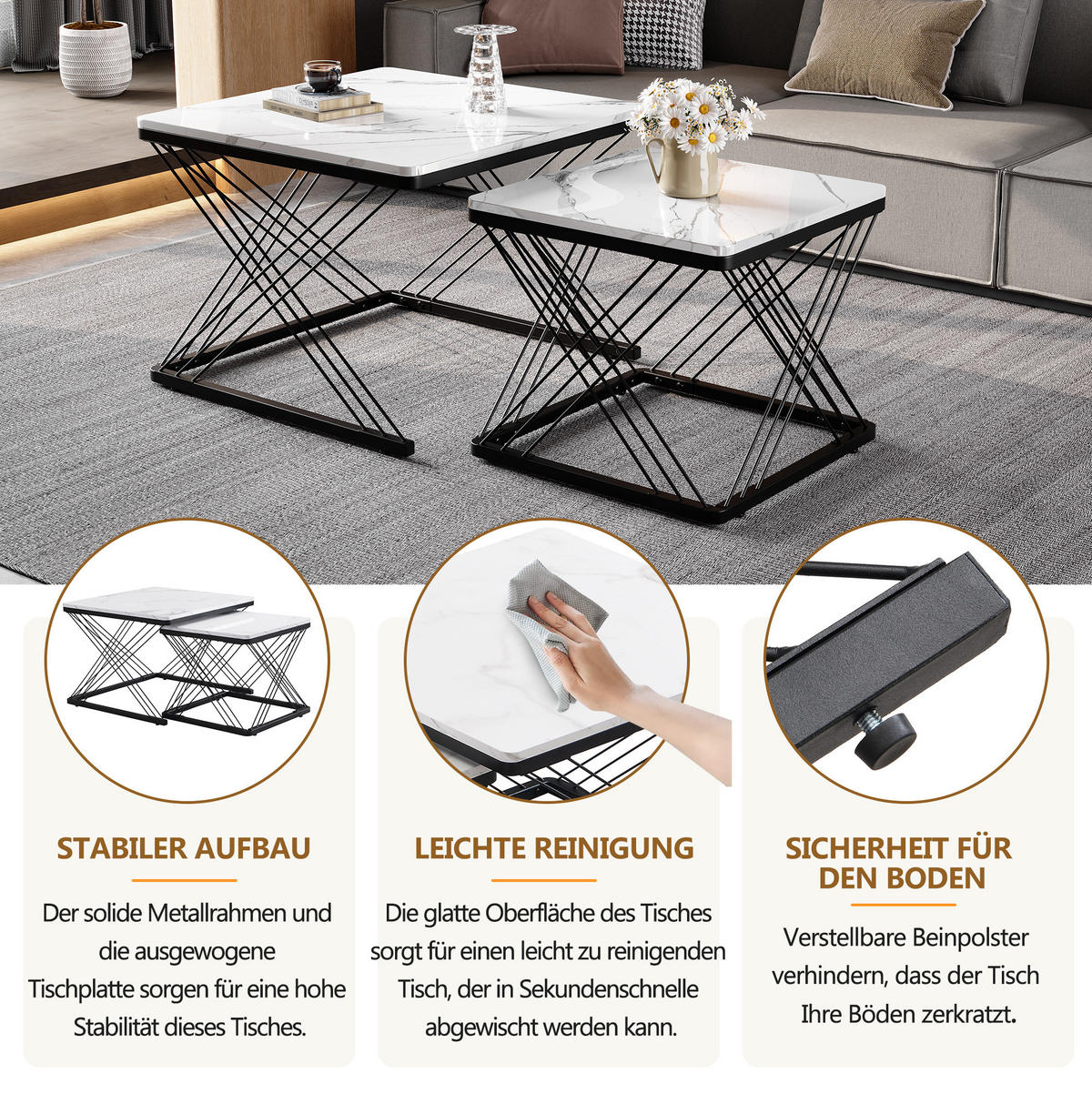 COUCHTISCH-SET aus MDF 60x60x45 cm Schwarz-Weiß in Hochglanz-Marmoroptik, 2-teilig - Schwarz, Holzwerkstoff (60/60/45cm) - IVMEU