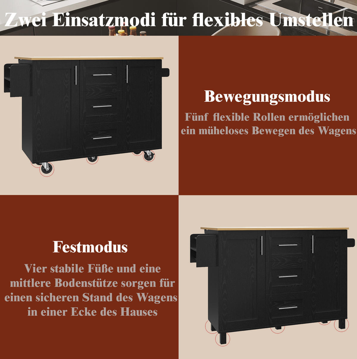KÜCHENWAGEN 135x74x87.2cm Schwarz mit Klappseiten, 3 Schubladen, Snackregal & 5 Rollen - Schwarz, Holzwerkstoff (135/87.2/74cm) - Modfu