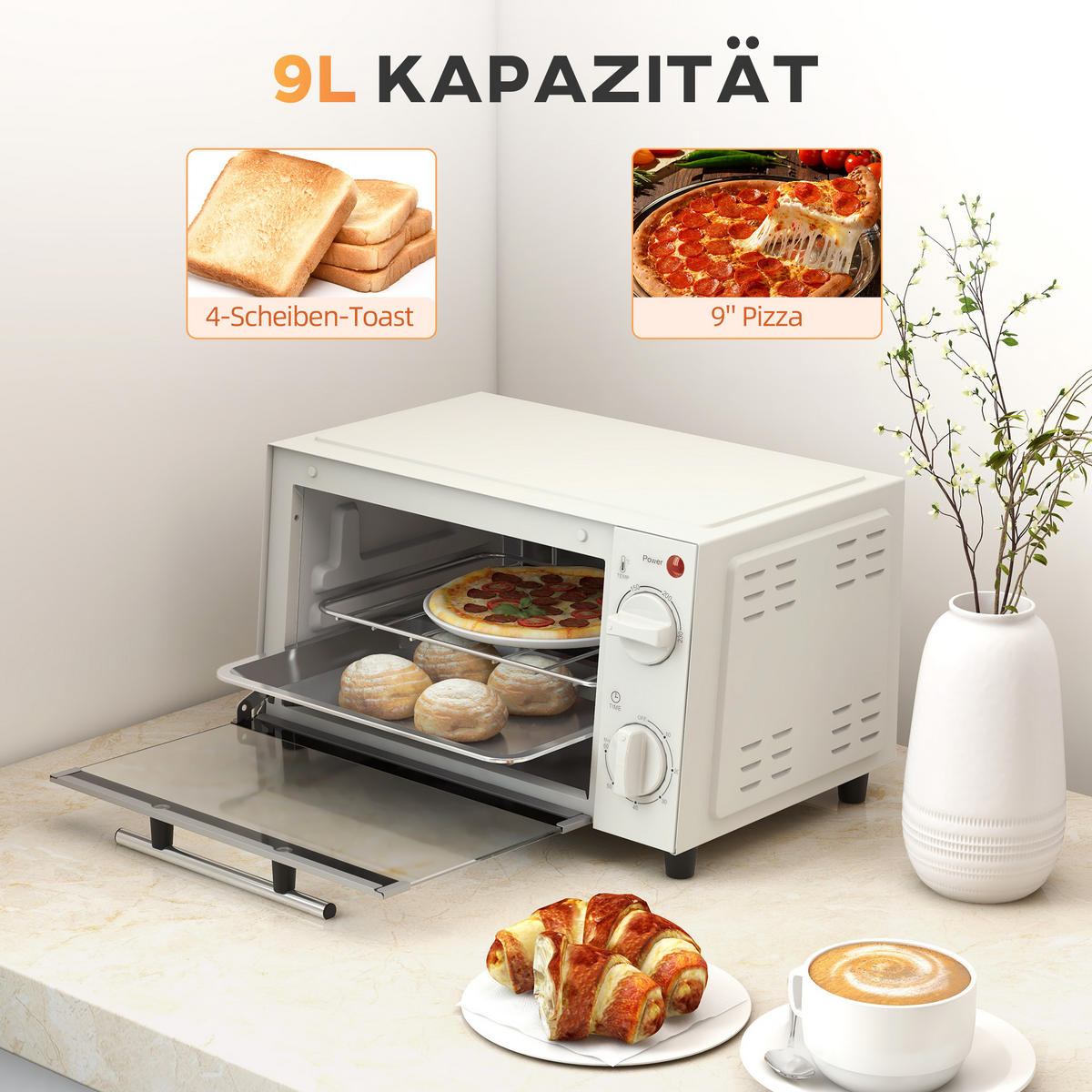 MINIBACKOFEN 9L 750W Mini Ofen mit Backblech & Grillrost, Temperatur 100-230°C, 60 Min. Timer, Edelstahl, Cremeweiß - Beige, Metall (35/20/24.6cm) - Beaface