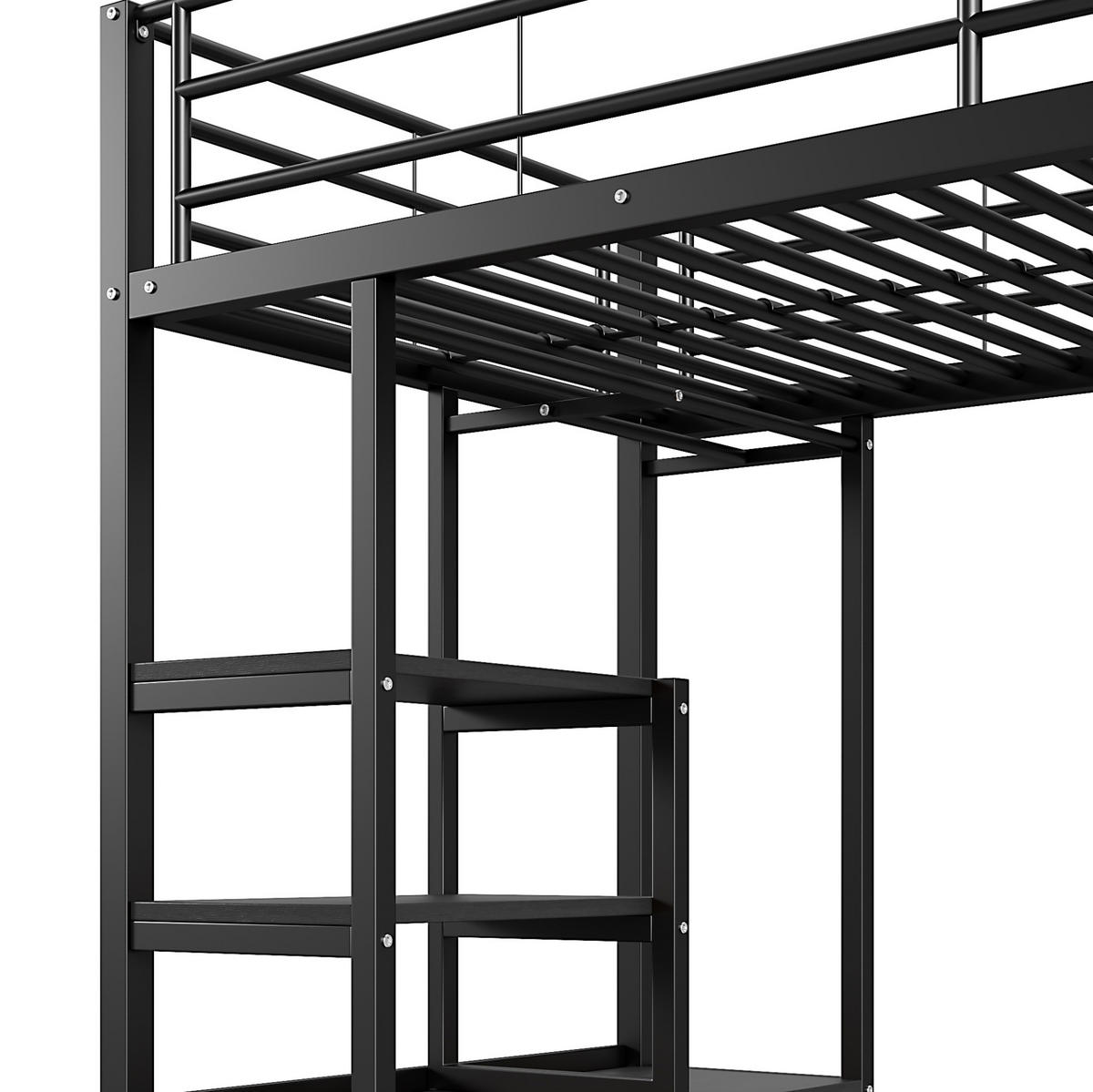 HOCHBETT aus Metall 90x200 cm in Schwarz mit Schreibtisch, USB & Steckdose - Schwarz, Metall (90/200cm) - Modfu