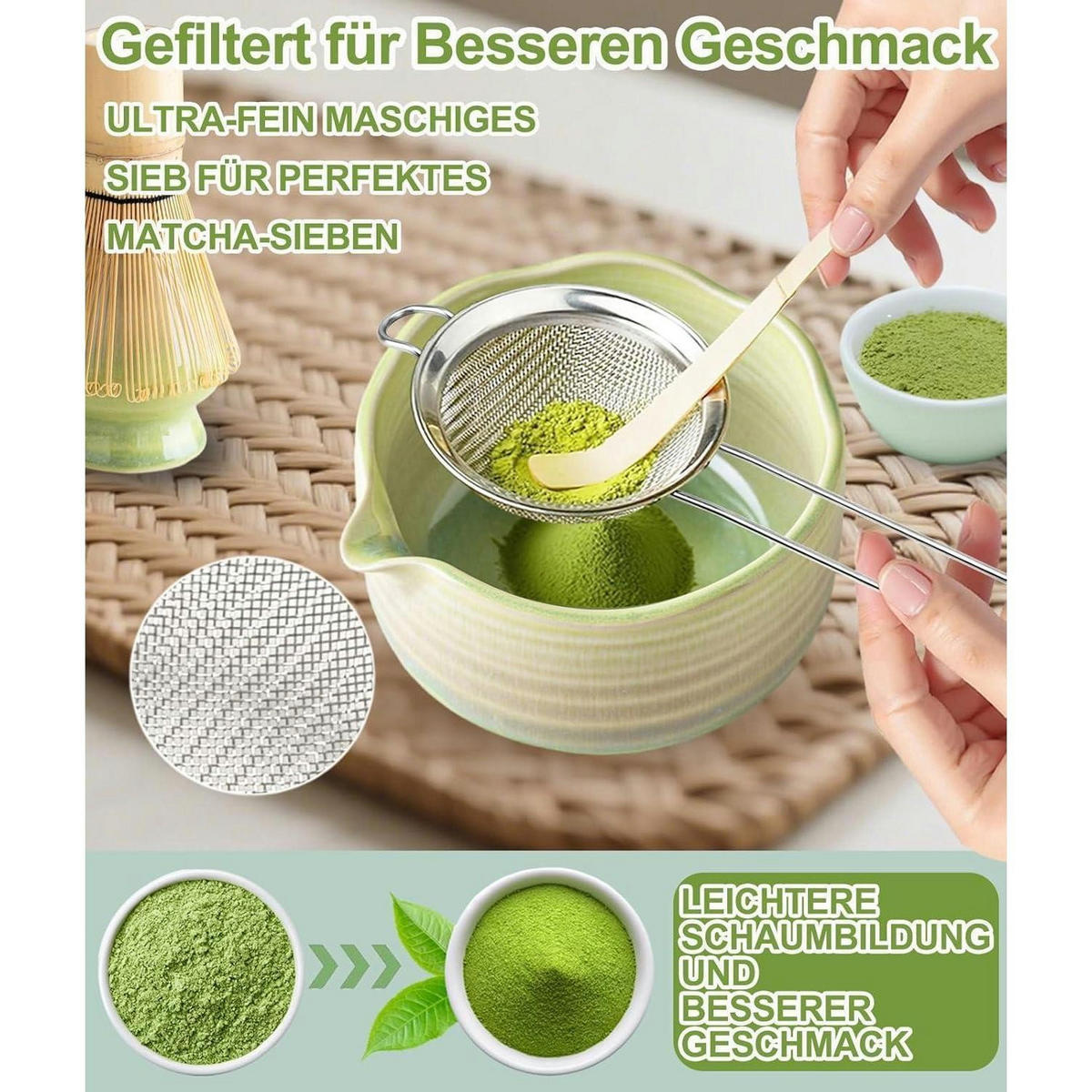 MATCHA Set 7-teiliges Set Keramikschale Bambusbesen Sieb Löffel - Multicolor, Keramik (15/10/15cm)