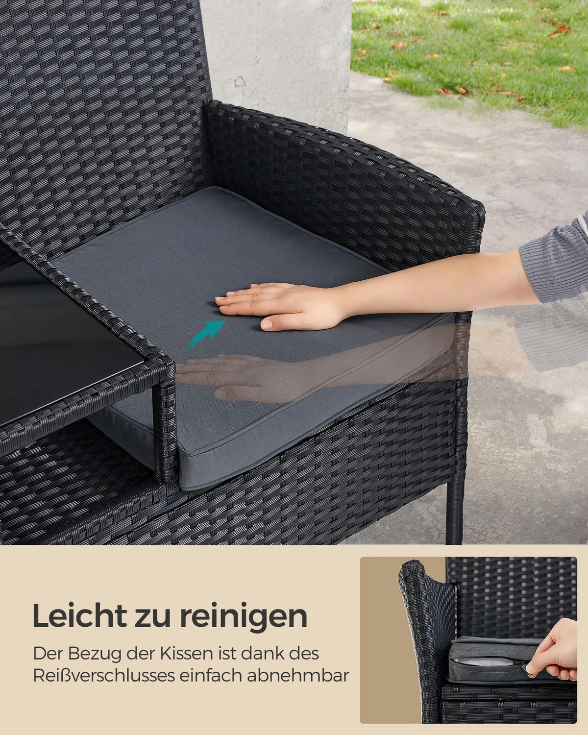 LOUNGEGARNITUR PE-Polyrattan Schwarz, Sofa mit Tisch - Schwarz, Textil - Kaket
