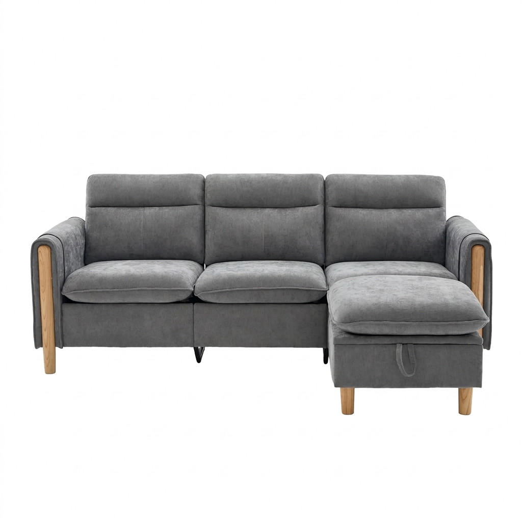 ECKSOFA 201/110/86 cm Hellgrau mit Aufbewahrungshocker und Seitentaschen - Hellgrau/Grau, Holz/Textil (201/110cm) - Oxeza
