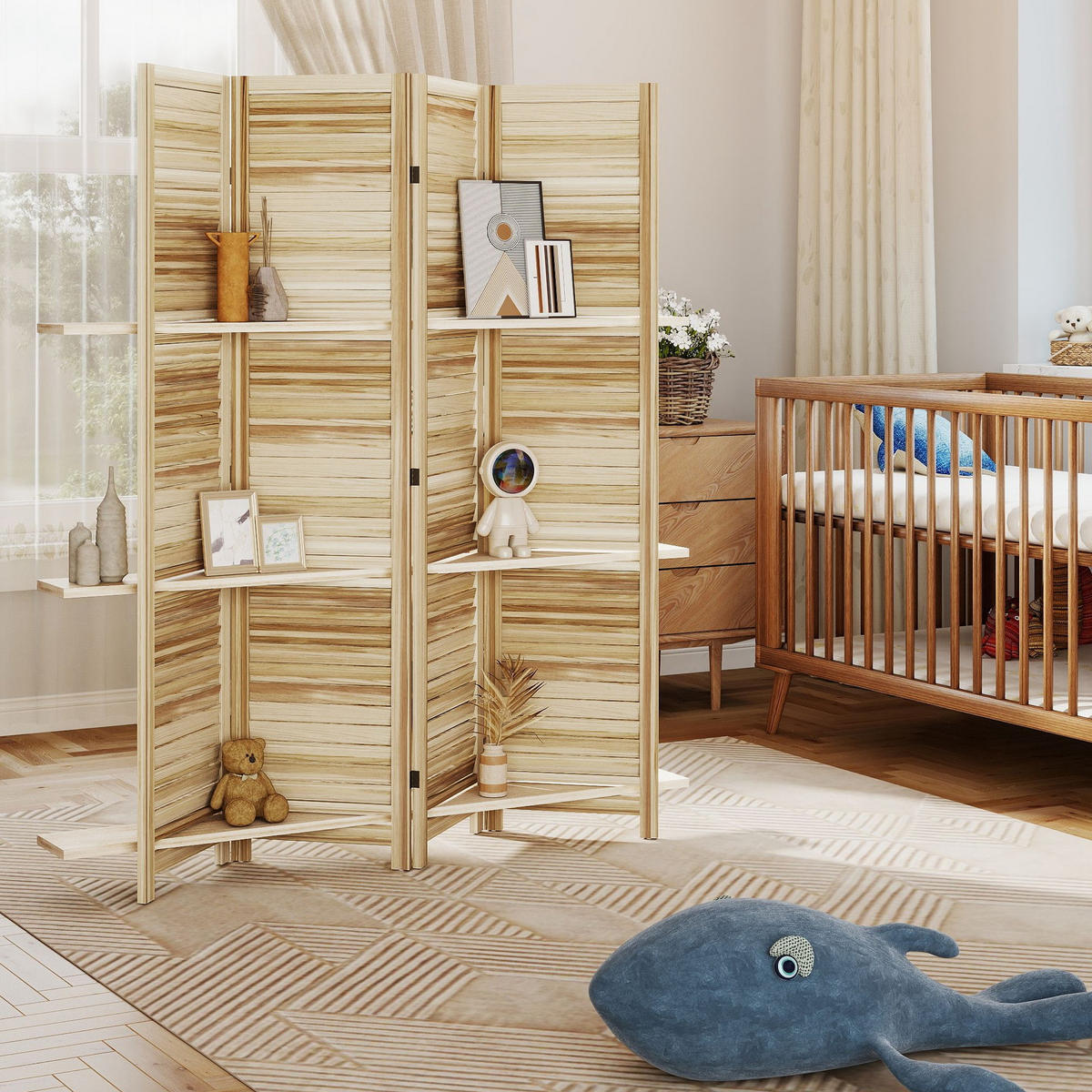 PARAVENT DE-14318 4 Paneele, 3 Regalböden, Lamellen Naturholz - Naturfarben, Holz (160/170/1.9cm) - ComfortXL