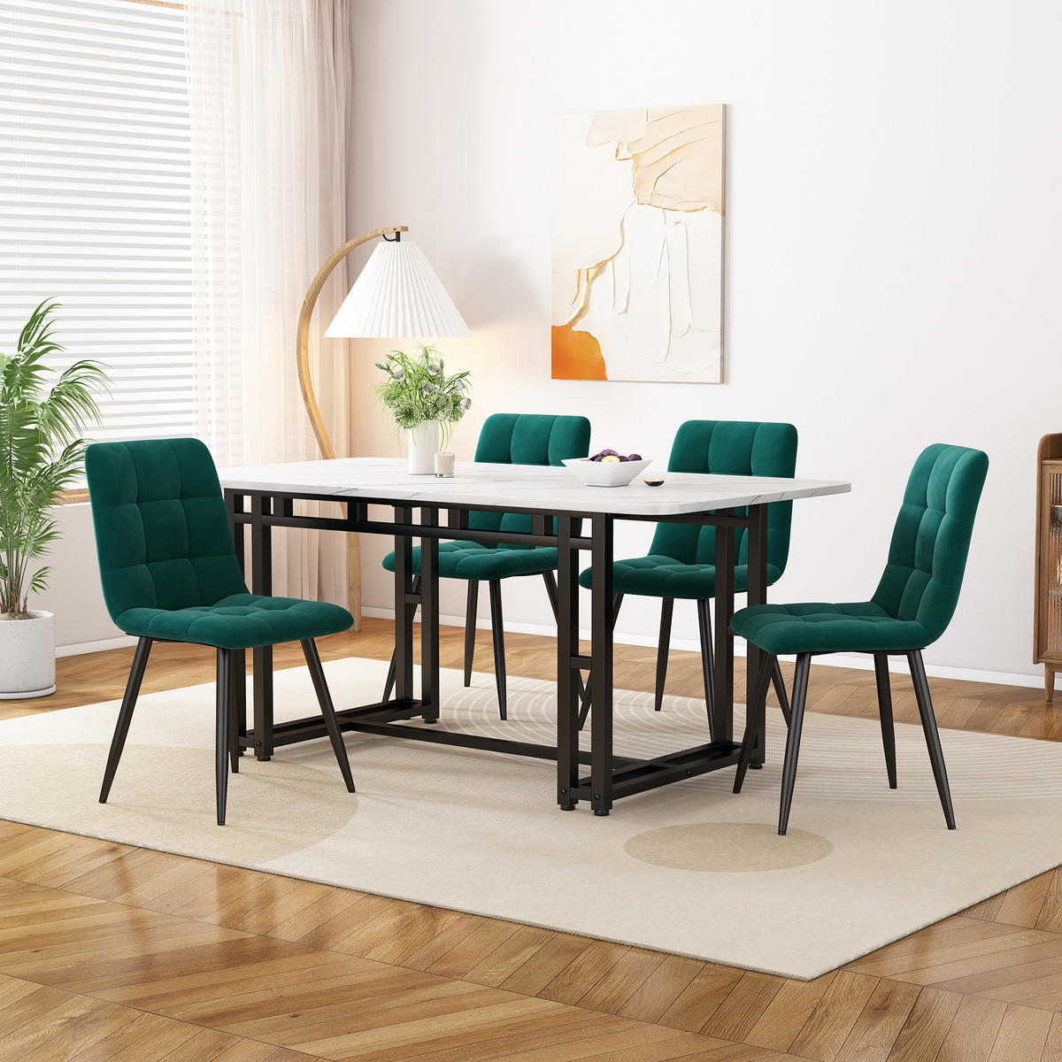 ESSZIMMER-SET 5-teilig mit Küchentisch 120x70 und vier grünen Samtstühlen für Küche und Wohnbereich, weiß-grün - Grün, Holzwerkstoff (70/74/120cm) - Luhomfu
