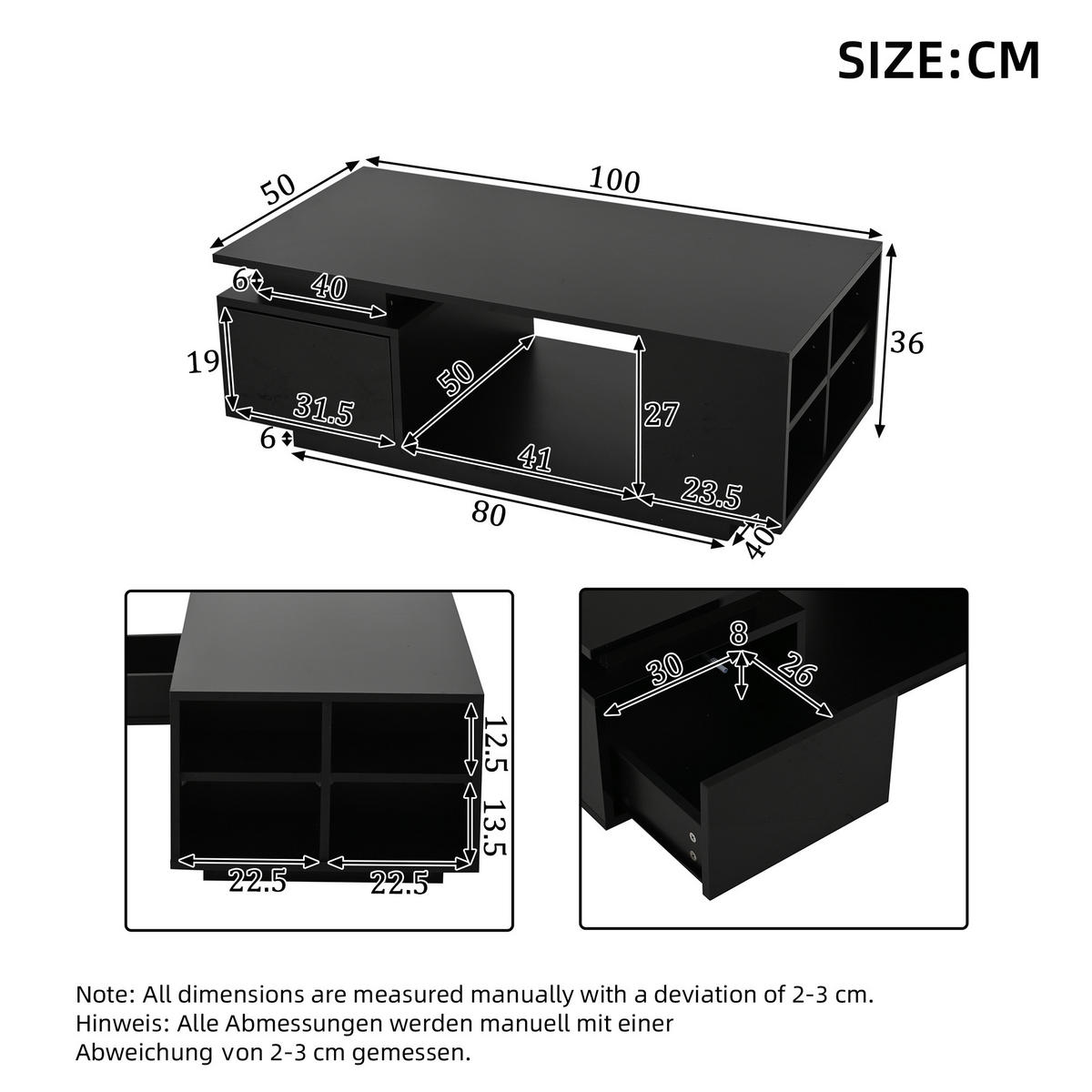 COUCHTISCH in Schwarz Kaffeetisch mit Schublade,LED & 4 Ablagefächern,Hochglanz Sofatisch für Wohnzimmer, B100/T50/H36cm - Schwarz, Holzwerkstoff (50/100/36cm) - STILVORA