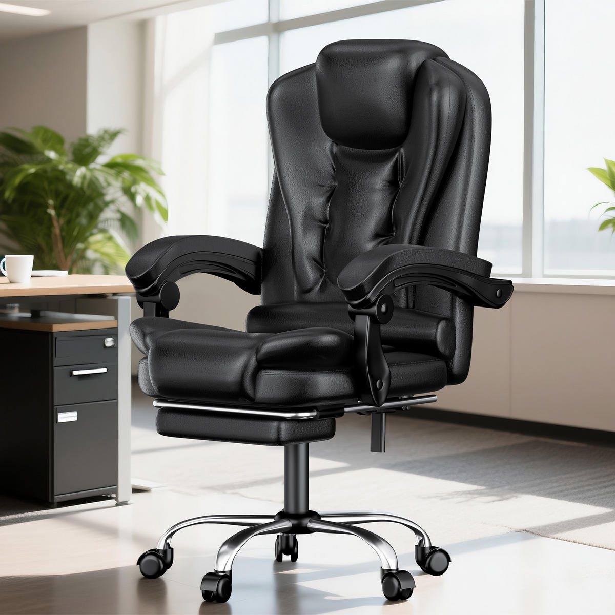 BÜROSTUHL Schwarz ergonomisch verstellbar mit Fußstütze - Schwarz, Metall (63/116/68cm) - Rattrix