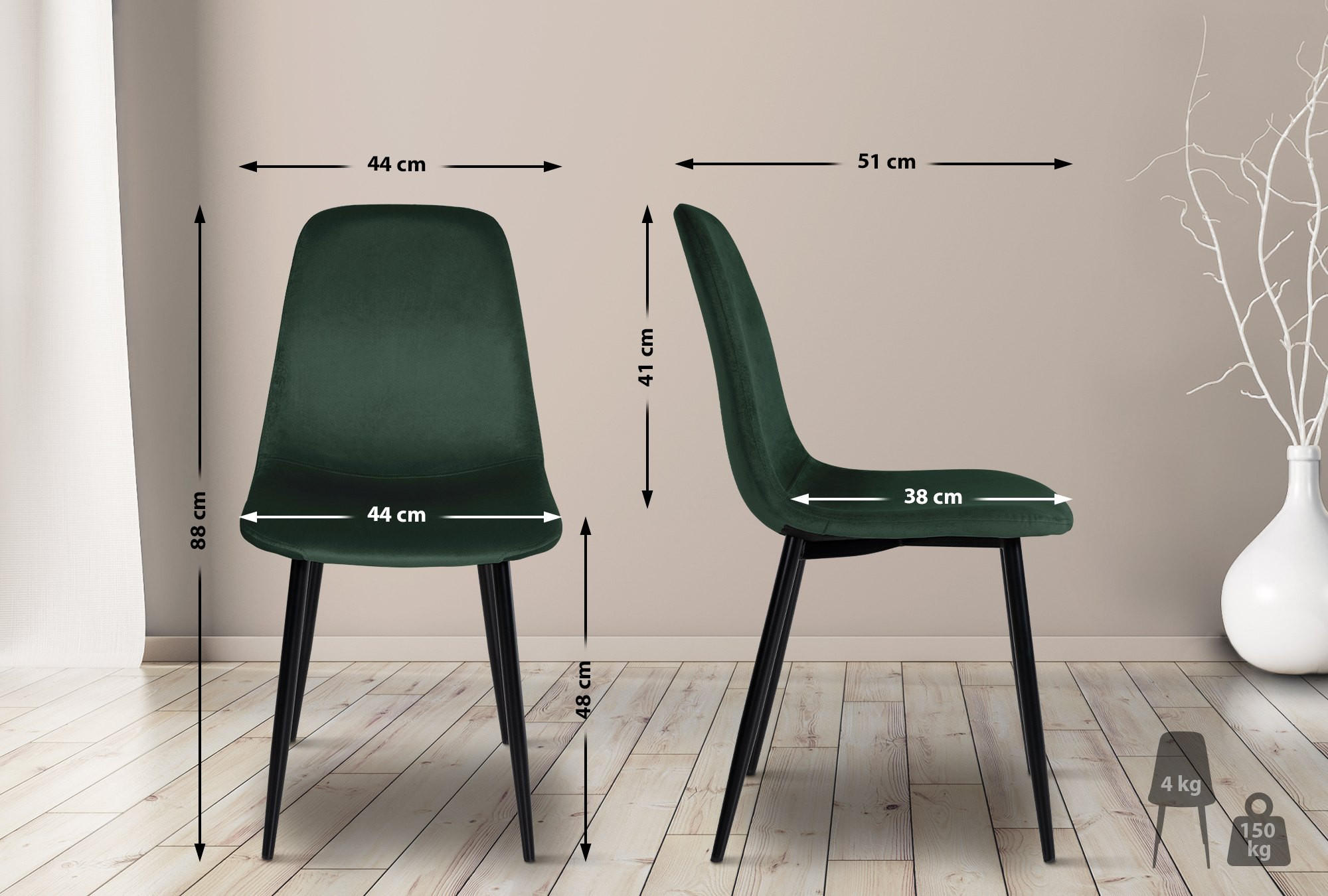 STUHL Samt Grün - Schwarz/Grün, Textil/Metall (44/88/51cm) - CLP