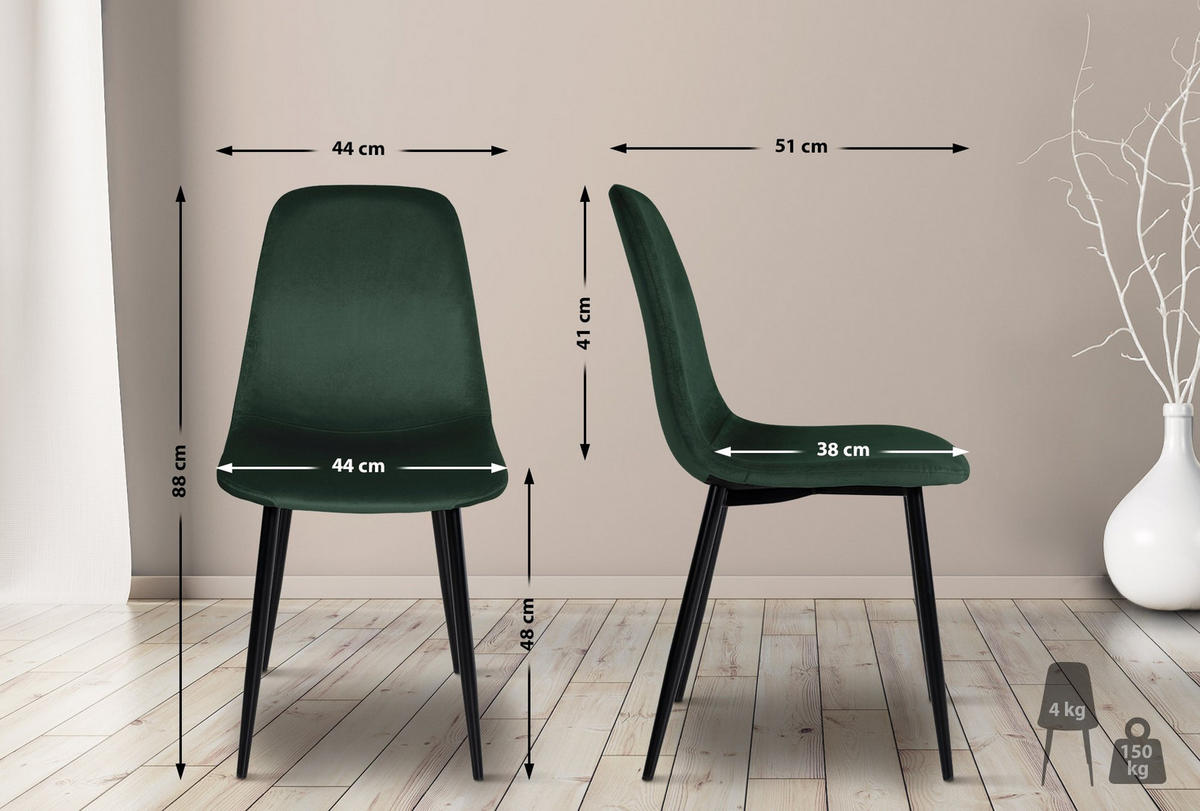 STUHL 4er Set Samt Grün - Schwarz/Grün, Textil/Metall (44/88/51cm) - CLP