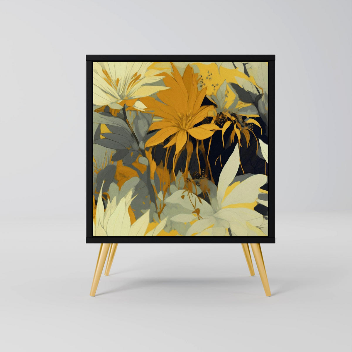 SIDEBOARD SUNKISSED LILY, Schwarz, 57,5x42x75,5 cm, Goldfarbene Metallfüße - Goldfarben/Multicolor, Holzwerkstoff/Metall (57.5/75.5/42cm) - SpaceRebels
