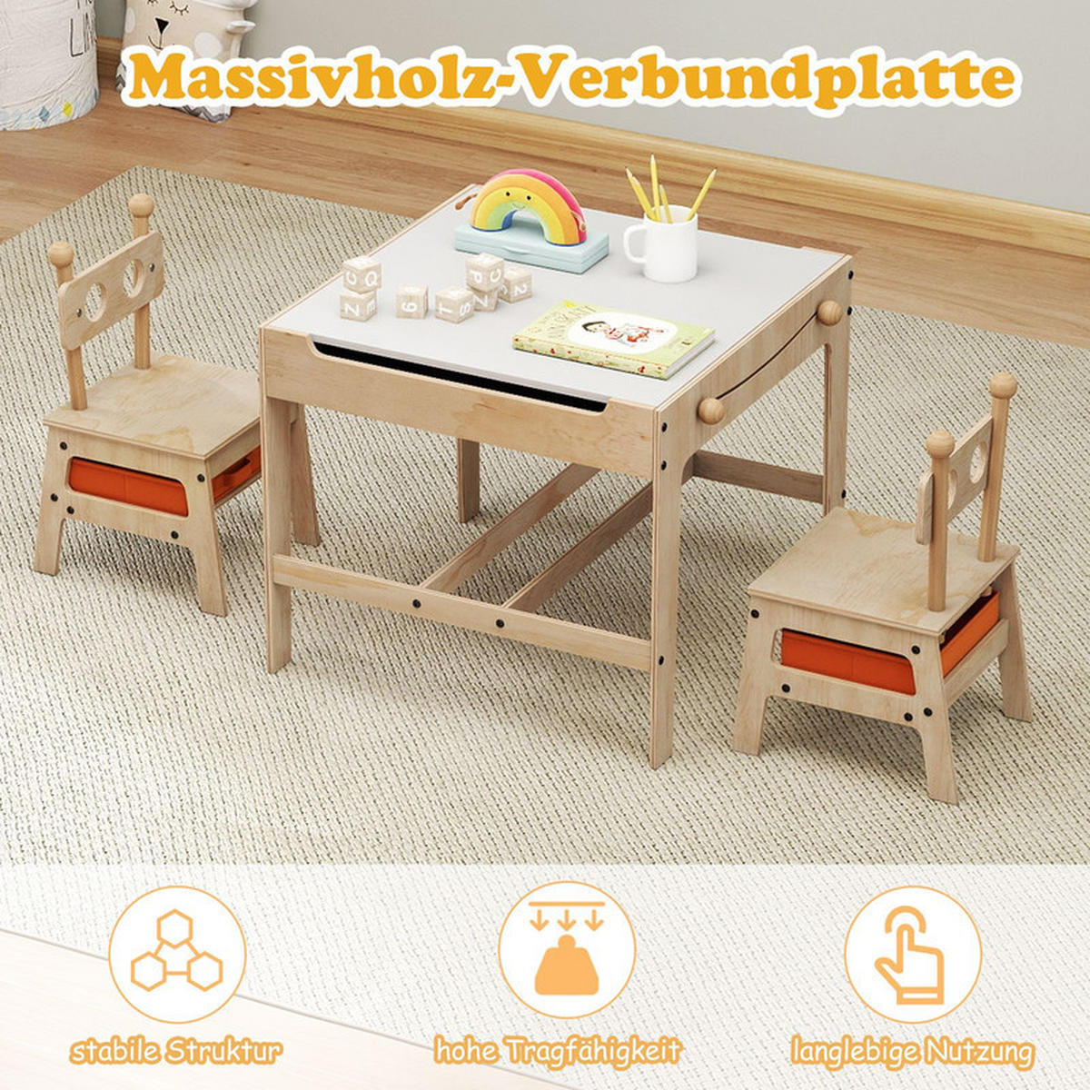 KINDERTISCH mit Stühlen natur(3-tlg) - Naturfarben, Holzwerkstoff (60/49/60cm) - COSTWAY