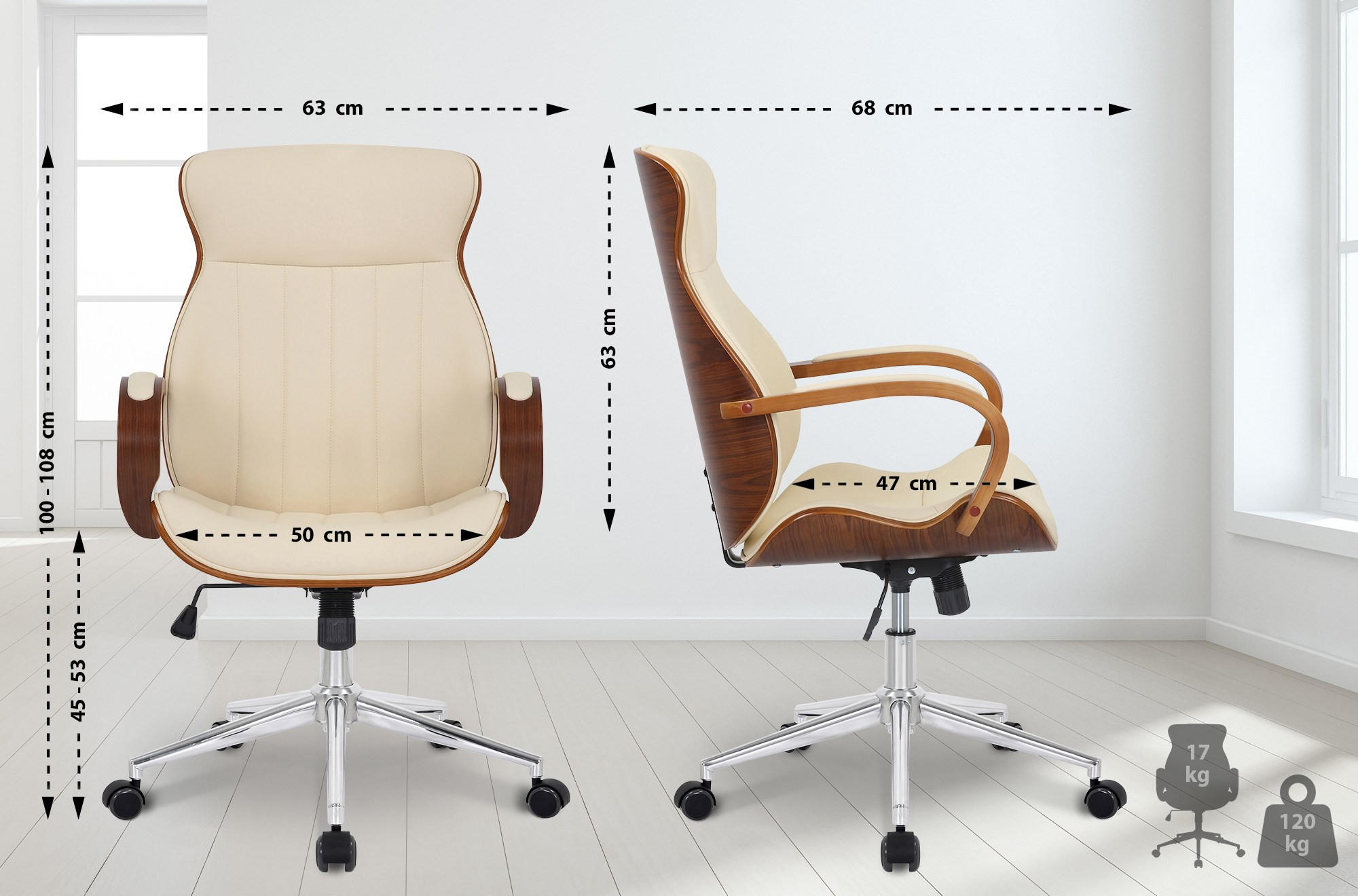DREHSTUHL Lederlook walnuss/creme - Chromfarben/Walnussfarben, Textil/Metall (63/100/68cm) - CLP