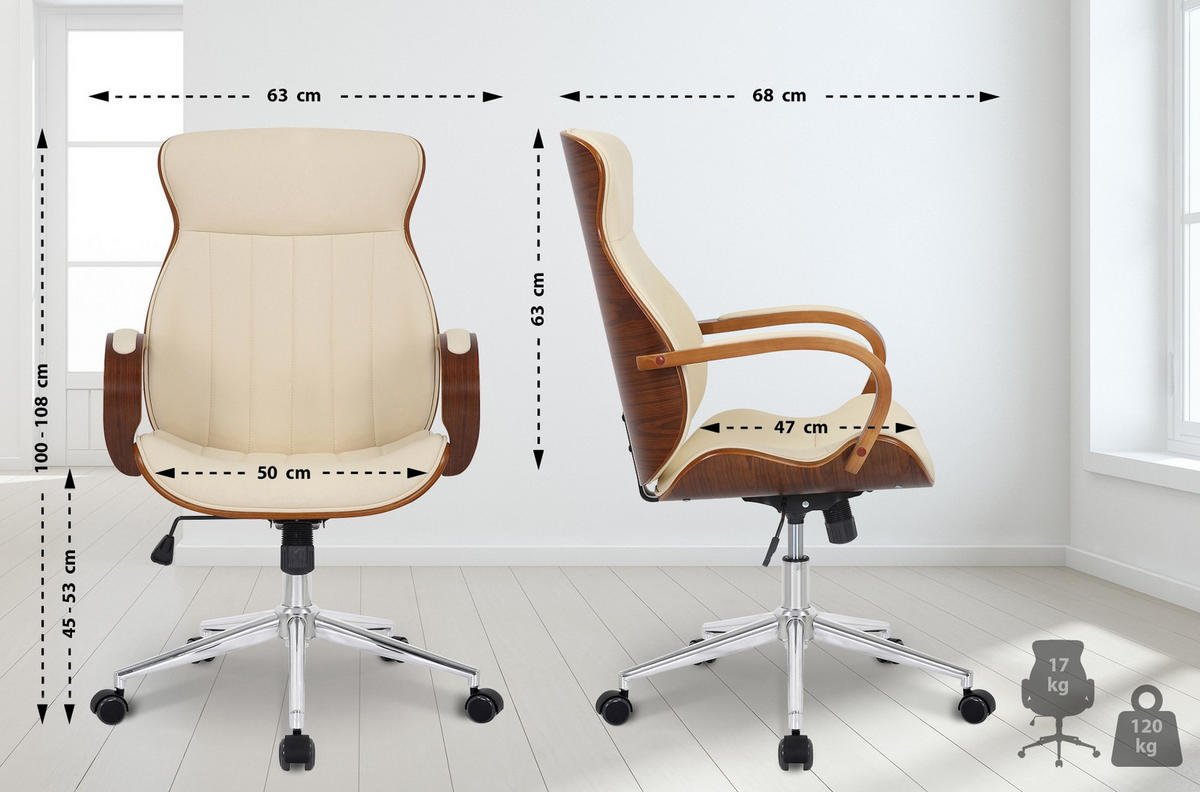 DREHSTUHL Lederlook Walnuss/Creme - Chromfarben/Walnussfarben, Textil/Metall (63/100/68cm) - CLP