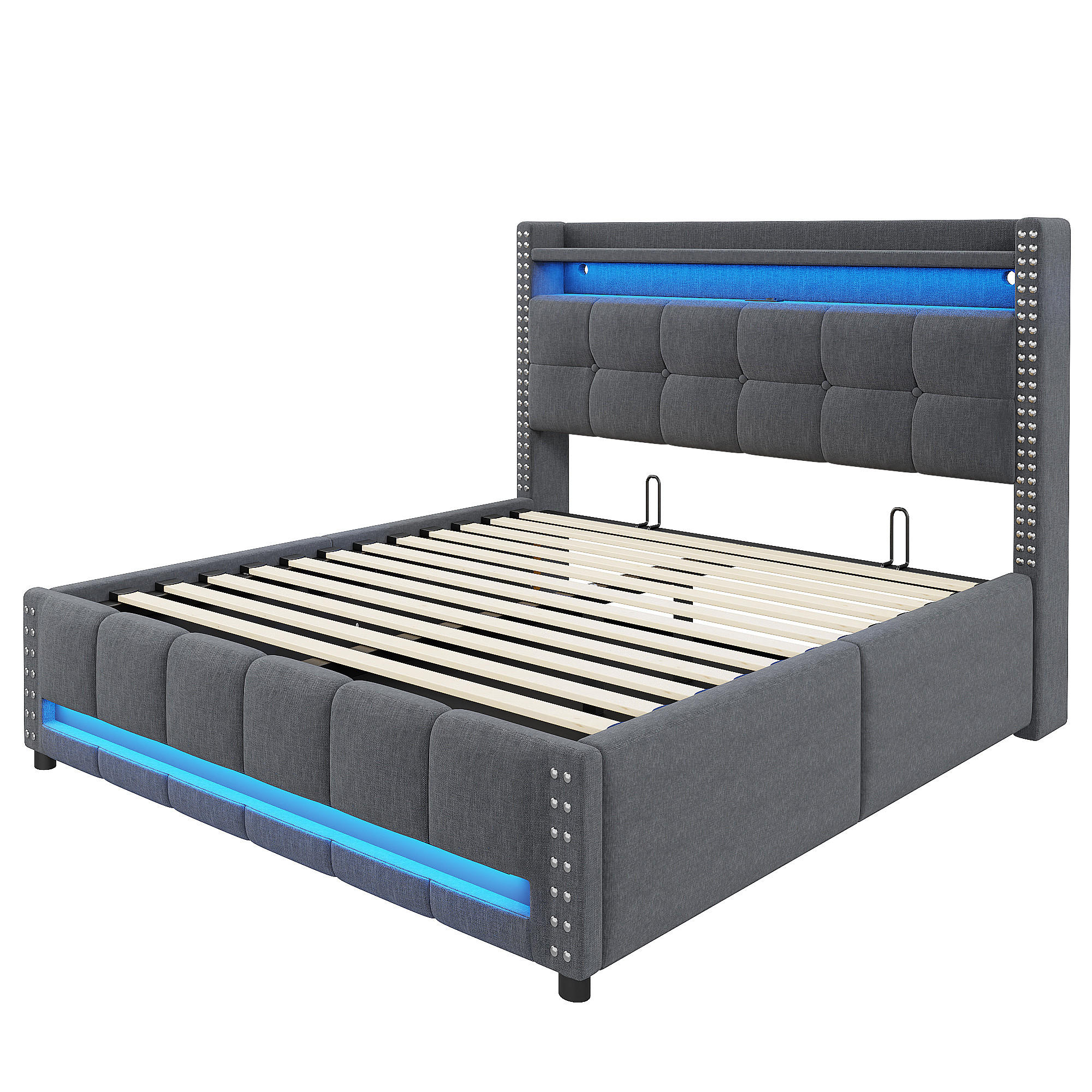WISHDOR ČALOUNĚNÁ POSTEL 140 × 200 cm v šedém lnu s úložným prostorem, LED osvětlením, USB a policí