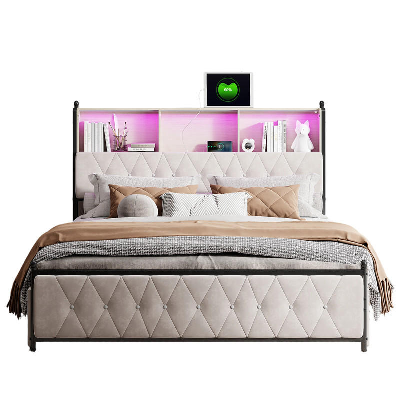 SHOPENTRA ÚLOŽNÝ prostor pod postel 140x200cm béžový samet s LED a USB-C