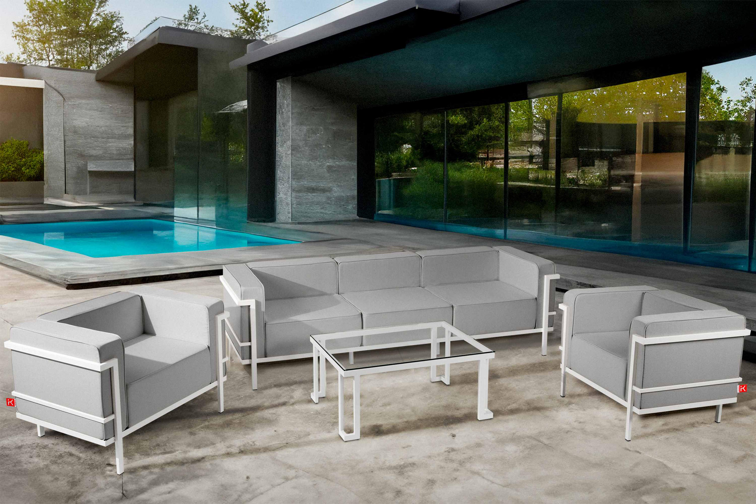 GARTENLOUNGE-SET TRIGLO 1x Tisch, 2x Sessel, 1x Sofa 3-Sitzer, 4-tlg., Modern, Weiß/Cremeweiß - Hellgrau, Textil/Metall - KONSIMO®