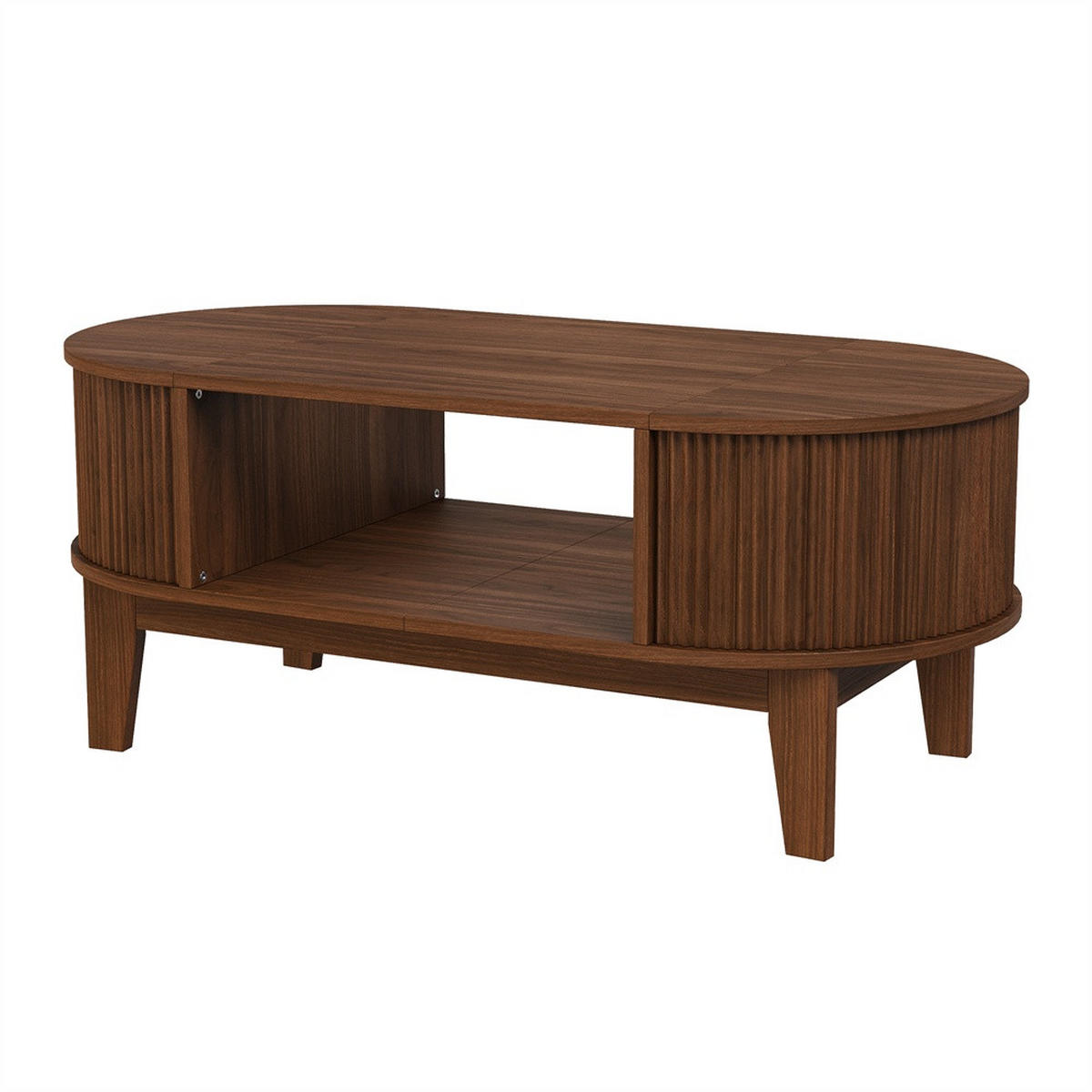 COUCHTISCH oval in Rillenoptik - Wohnzimmertisch mit verstecktem Staufach und offenen Regalen - Walnuss-Optik - Nussbaumfarben, Holzwerkstoff (100/50/40.5cm) - DELFA