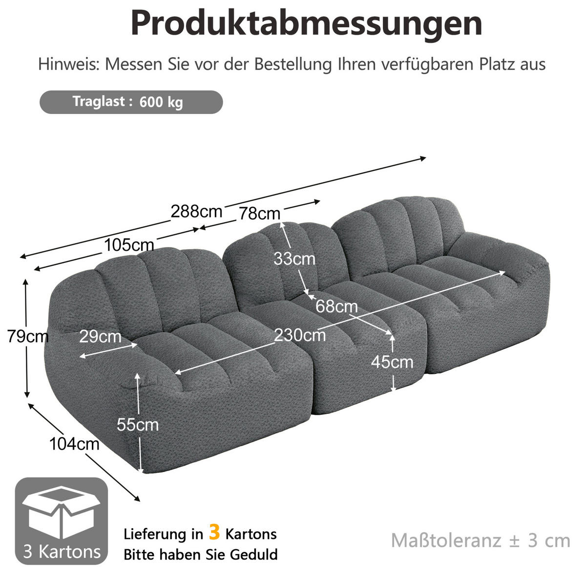 MODULARES Ecksofa mit granuliertem Fleecebezug Grau 288x104x79 cm, flexibel kombinierbar mit Ottoman - Grau, Textil (104/79/288cm) - IVMEU
