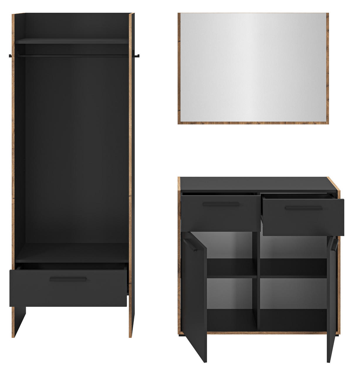GARDEROBE-SET grau und Nox Eiche, Garderobenkombination 3-teilig, 180 x 189 cm, Salud - Dunkelgrau/Schwarz, Holzwerkstoff/Kunststoff (180/189/37cm) - Inn.Furn