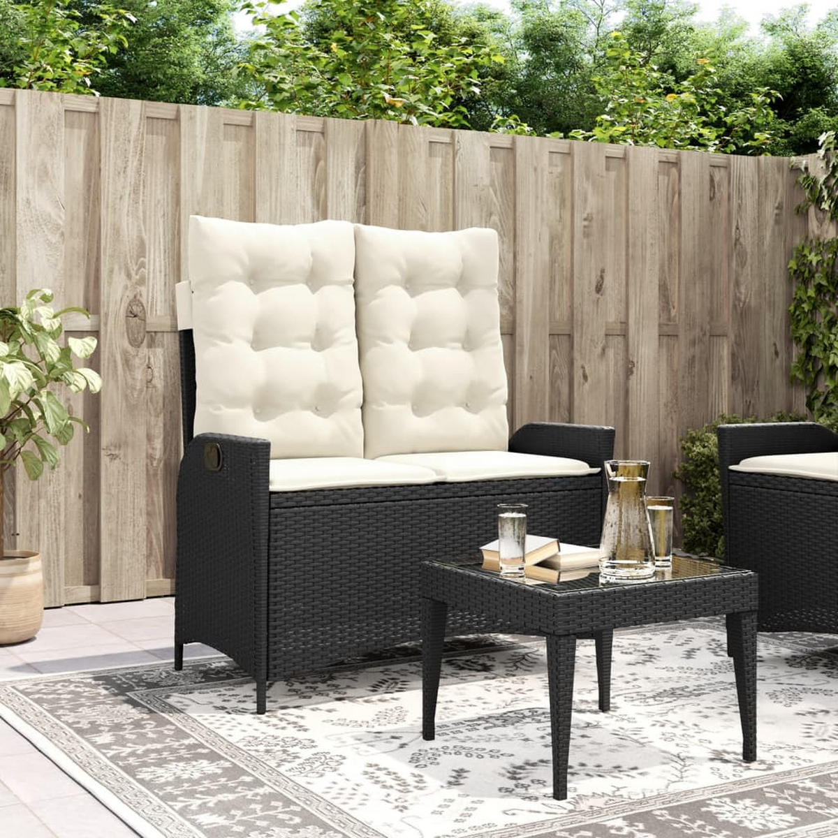 GARTENBANK Verstellbar mit Kissen Schwarz Poly Rattan - Schwarz, Holz (104/93/59cm) - furnicato