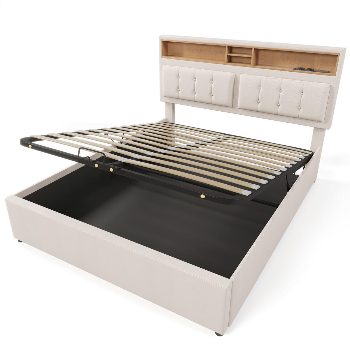 POLSTERBETT 160/200 cm mit Bettkasten, USB-C und verstellbarem Kopfteil - Beige, Textil (160/200cm) - BEAOK