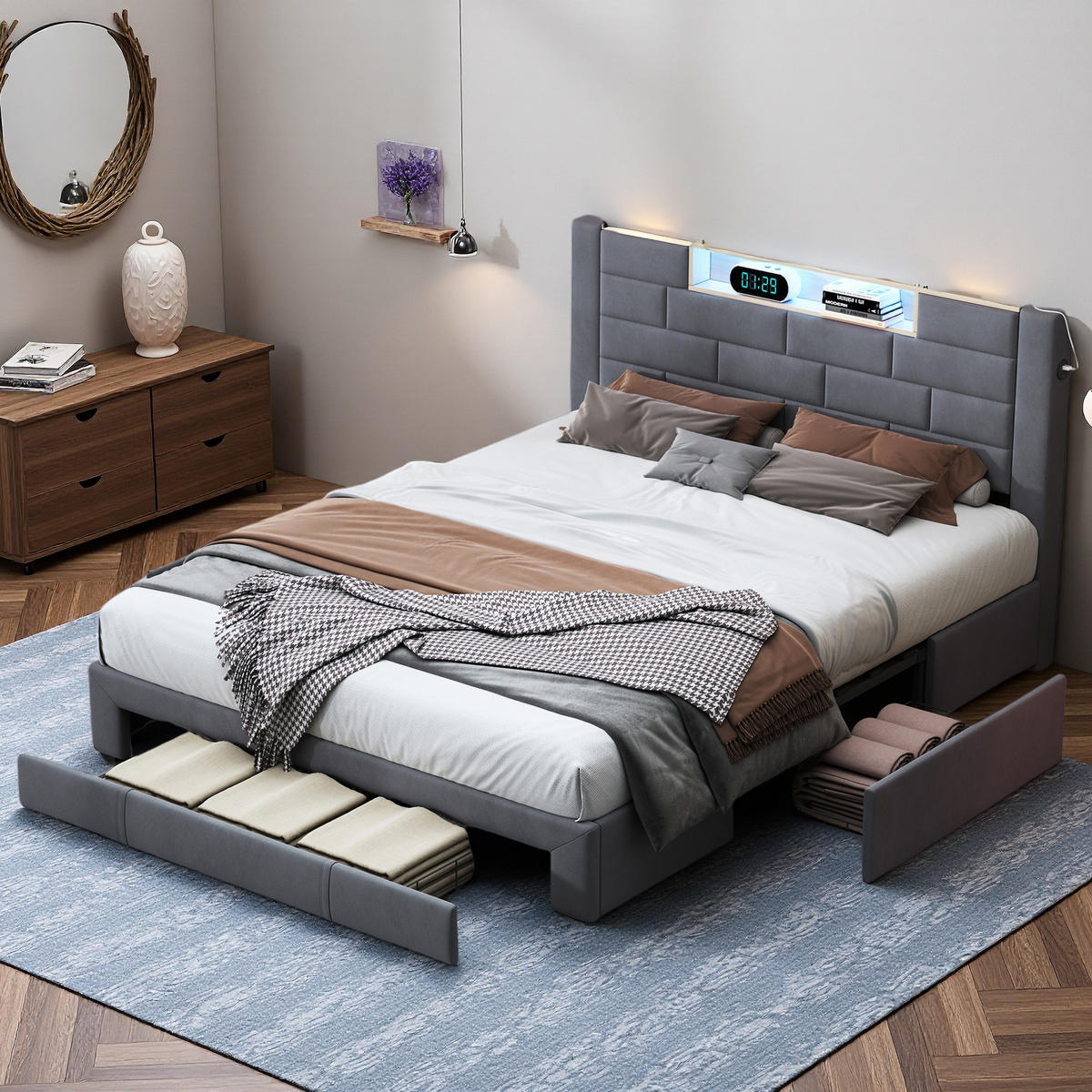 POLSTERBETT 140x200 cm Grau mit LED USB 3 Schubladen - Grau, Metall (140/200cm) - SHOPENTRA