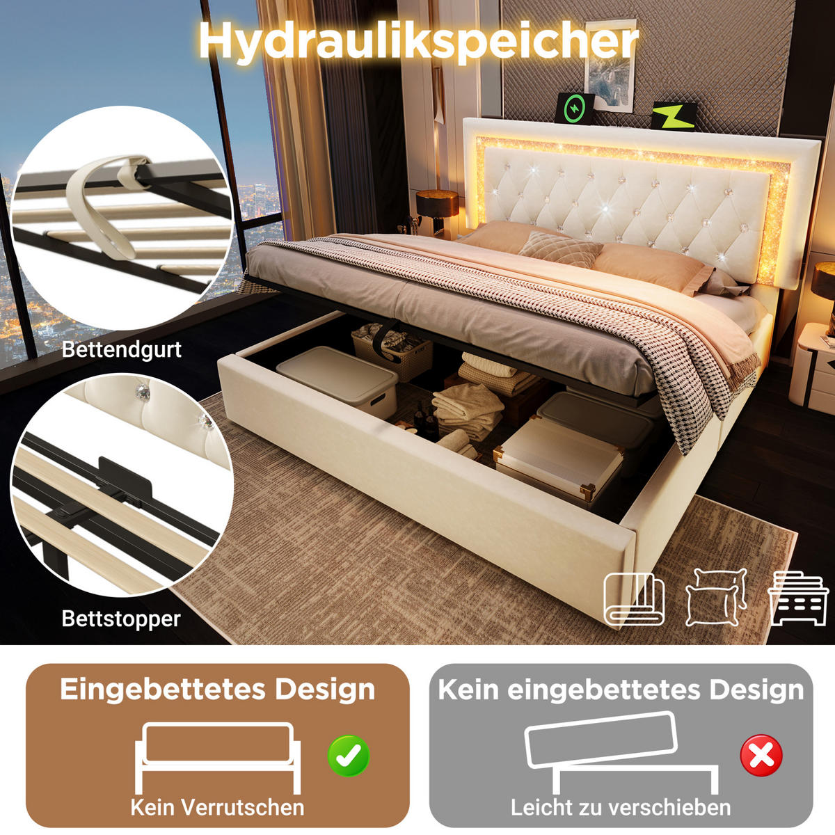 SAMT-POLSTERBETT 160/200 cm in Beige mit LED-Beleuchtung, Bettkasten und USB - Beige, Textil (160/200cm) - BEAOK