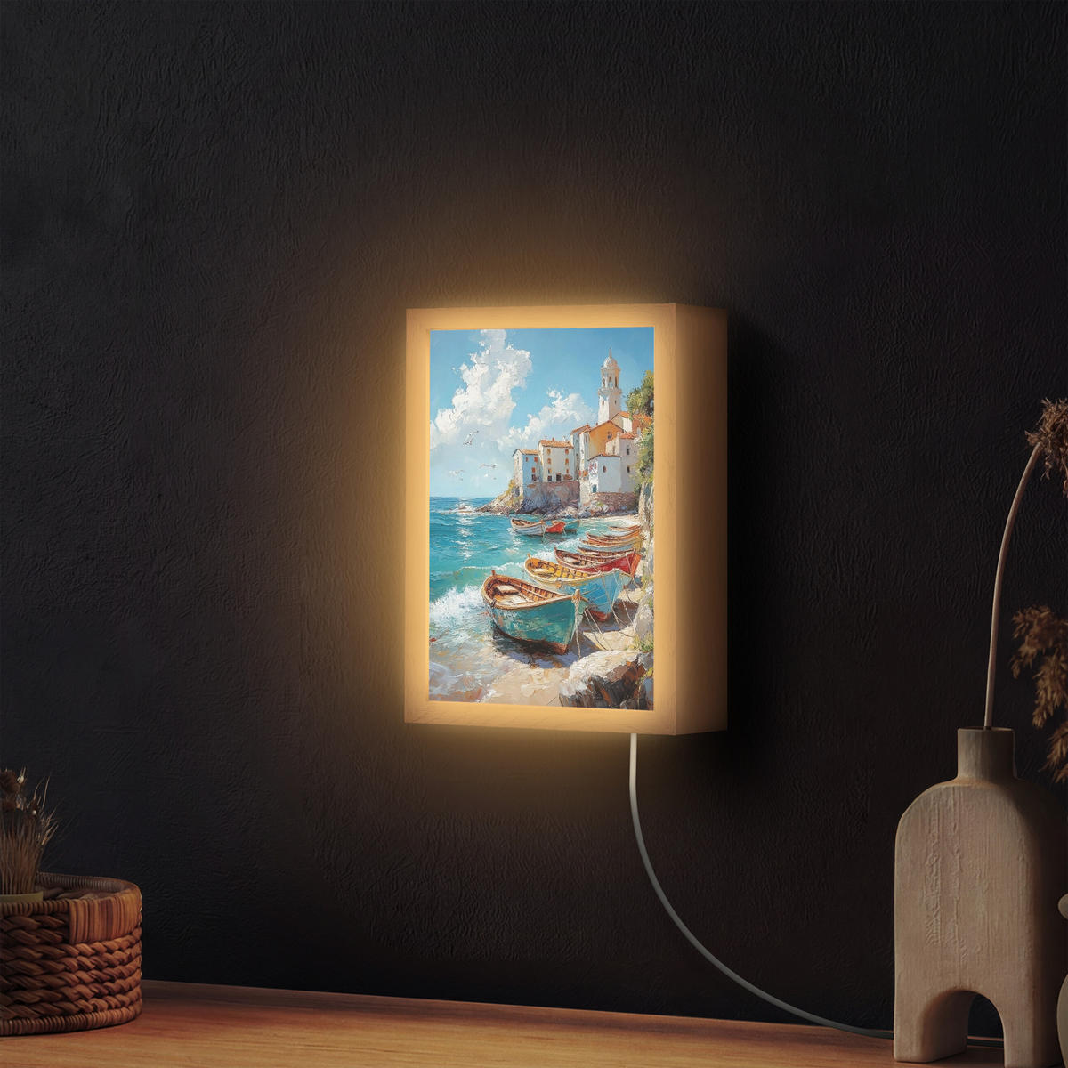 NÁSTĚNNÁ LAMPA Lodě - skály - moře - slunce 20x30 cm - modrá, kompozitní dřevo (20/30/8cm) - OnlyWow