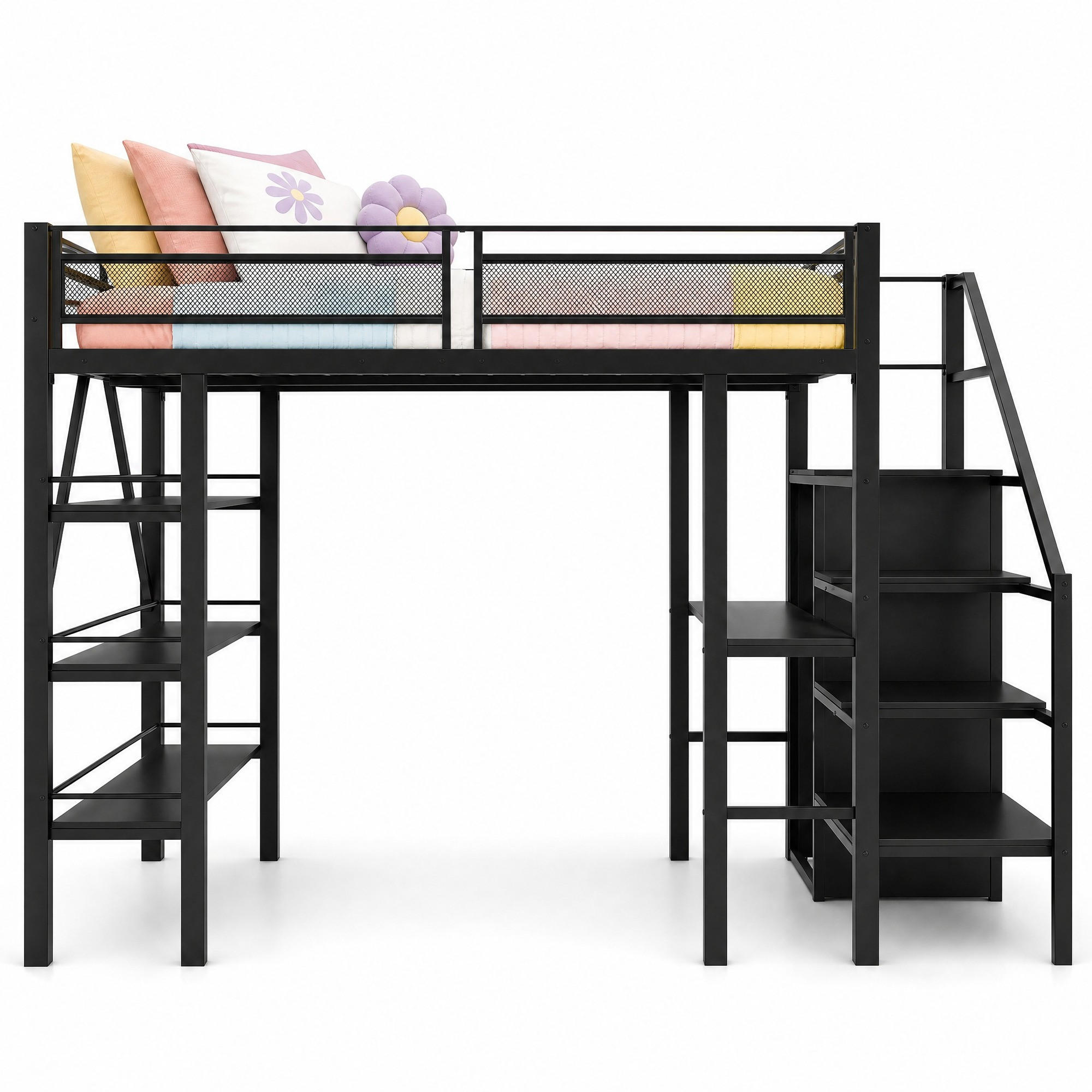 HOCHBETT 140/200 mit Schreibtisch, Kleiderschrank, Regalen und Sicherheitsleiter in Schwarz - Schwarz, Holzwerkstoff/Metall (140/200cm) - EVRYAE