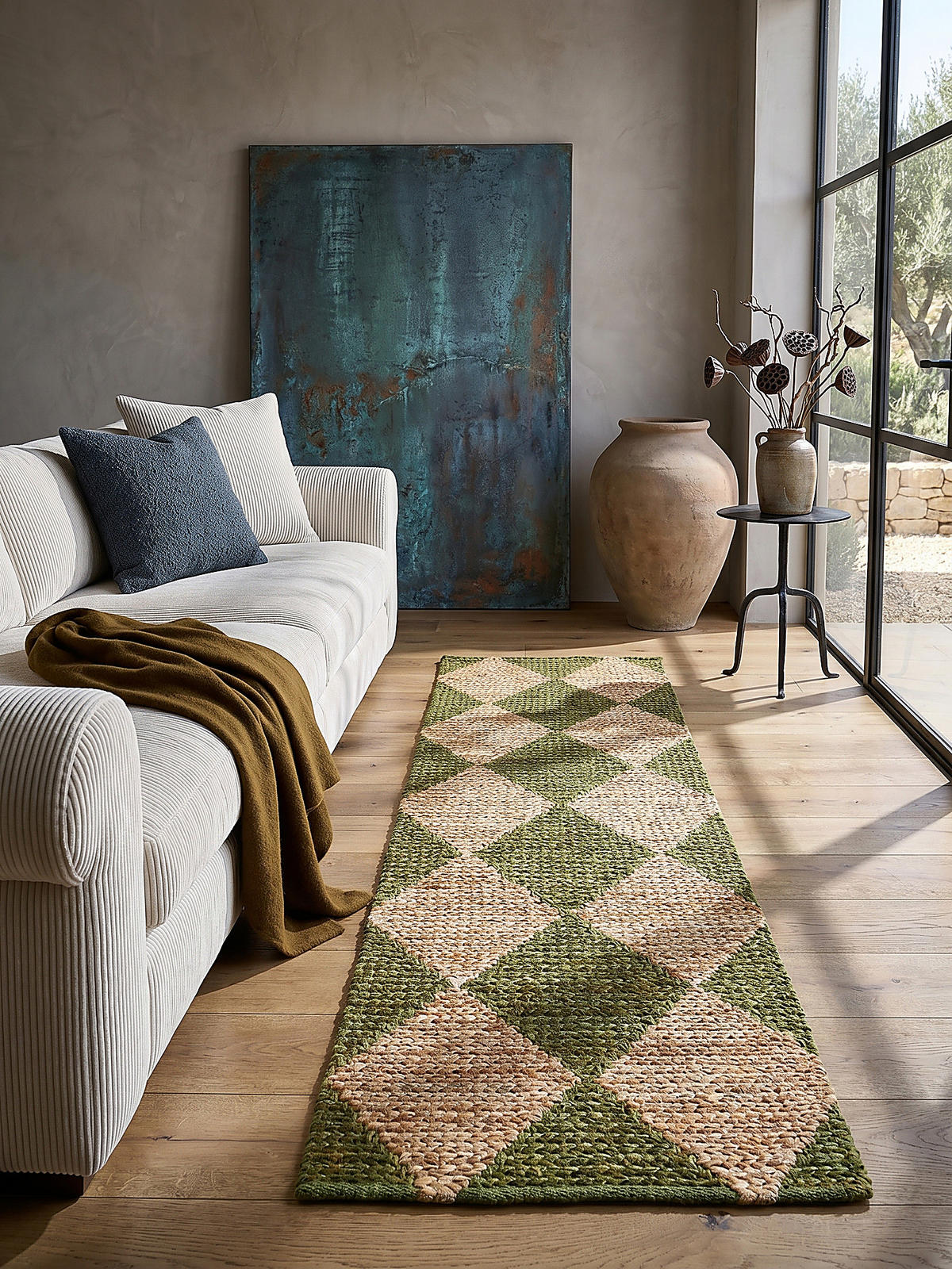 JUTETEPPICH BAIN, mit Rautenmuster, Olivegrün, 80 x 230 cm - Grün, Textil (230/80cm) - KADIMA DESIGN