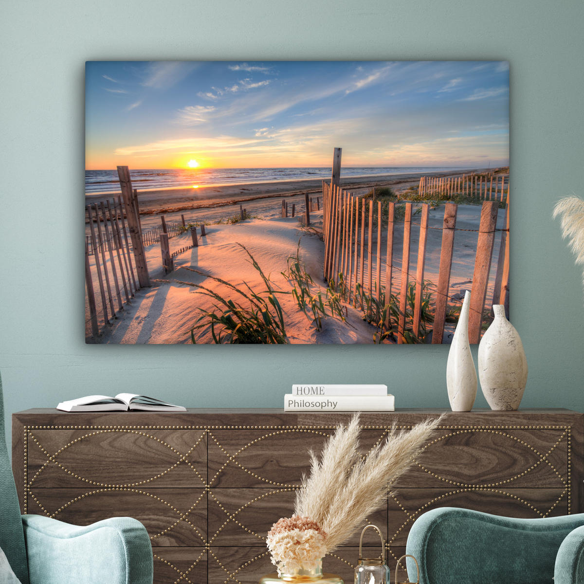 LEINWANDBILD Strand - Meer - Düne - Sonnenuntergang - Landschaft Wohnzimmer Groß 120x80 cm - Beige, Textil (120/80cm) - MuchoWow